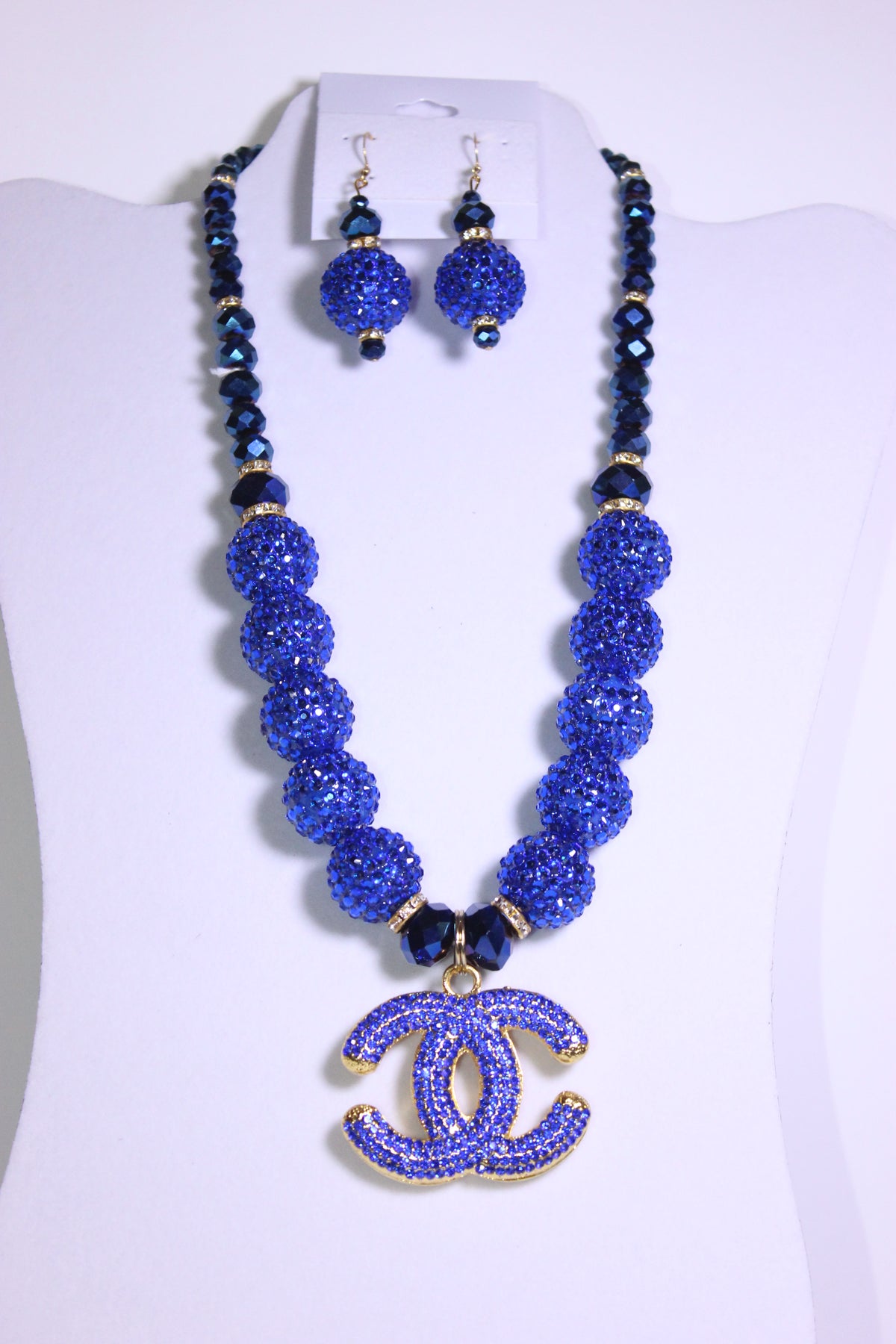 Royal Blue & Gold Rhinestone Charm Necklace Set with Earrings