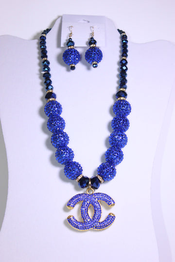 Royal Blue & Gold Rhinestone Charm Necklace Set with Earrings