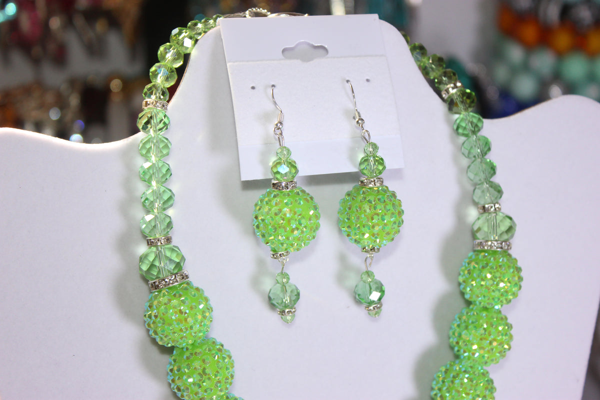 Green & Silver Rhinestone Charm Necklace & Earrings Set