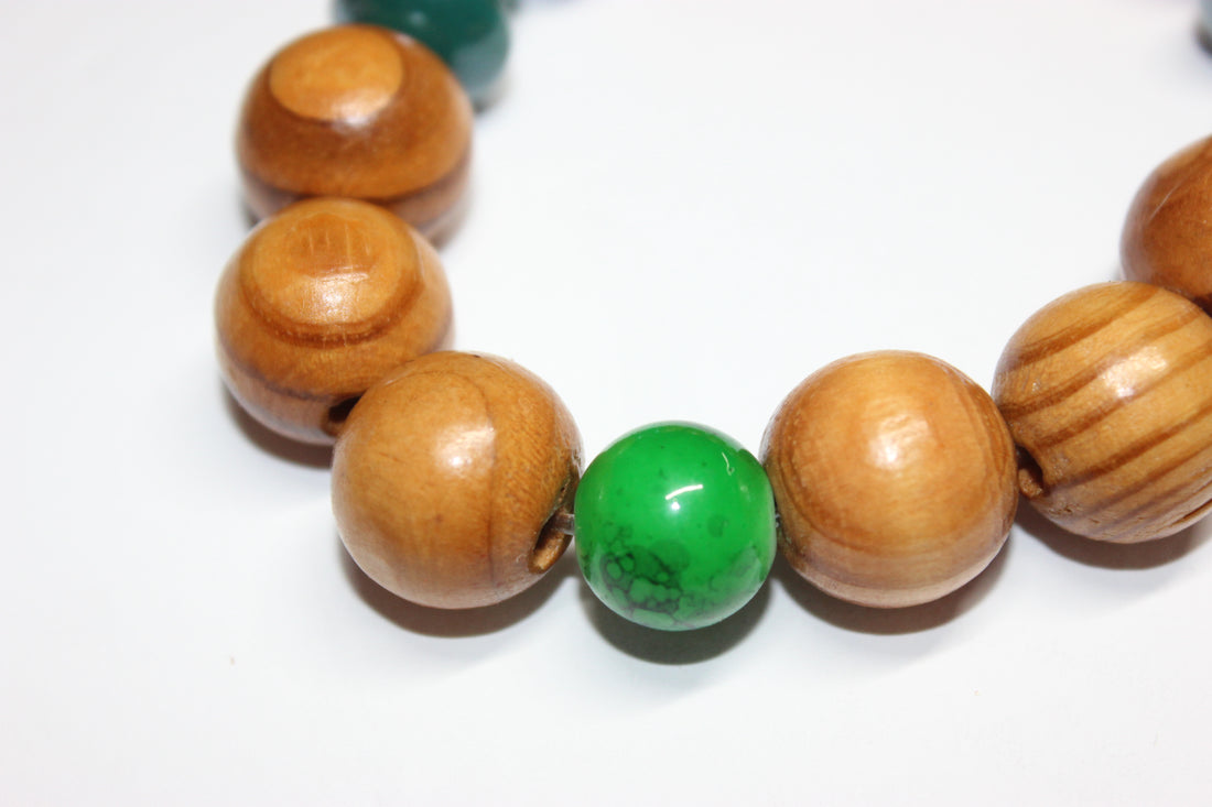 Wood & Green Beaded Bracelet