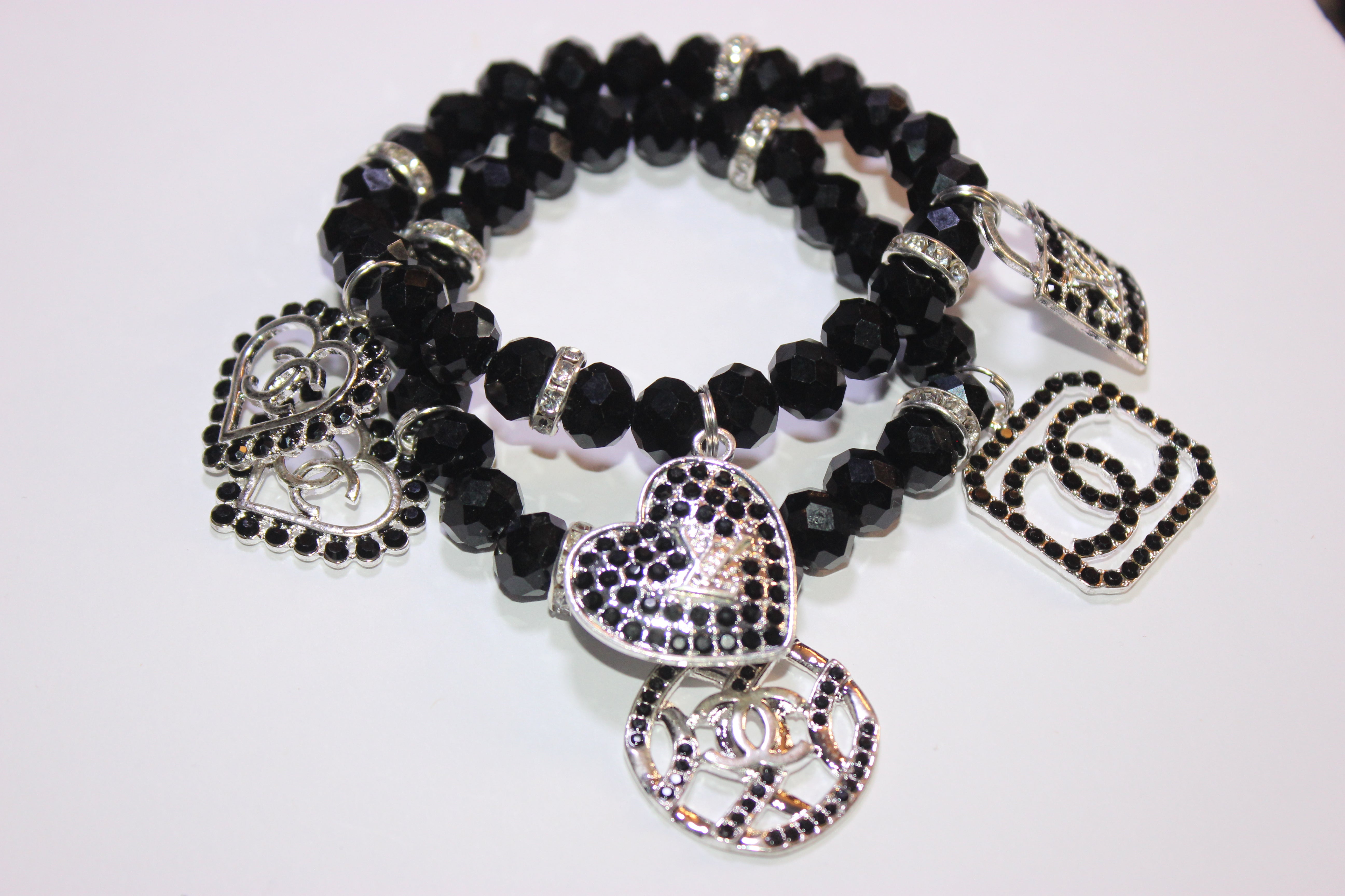 2 Piece Black & Silver Crystal Charm Bracelet Set