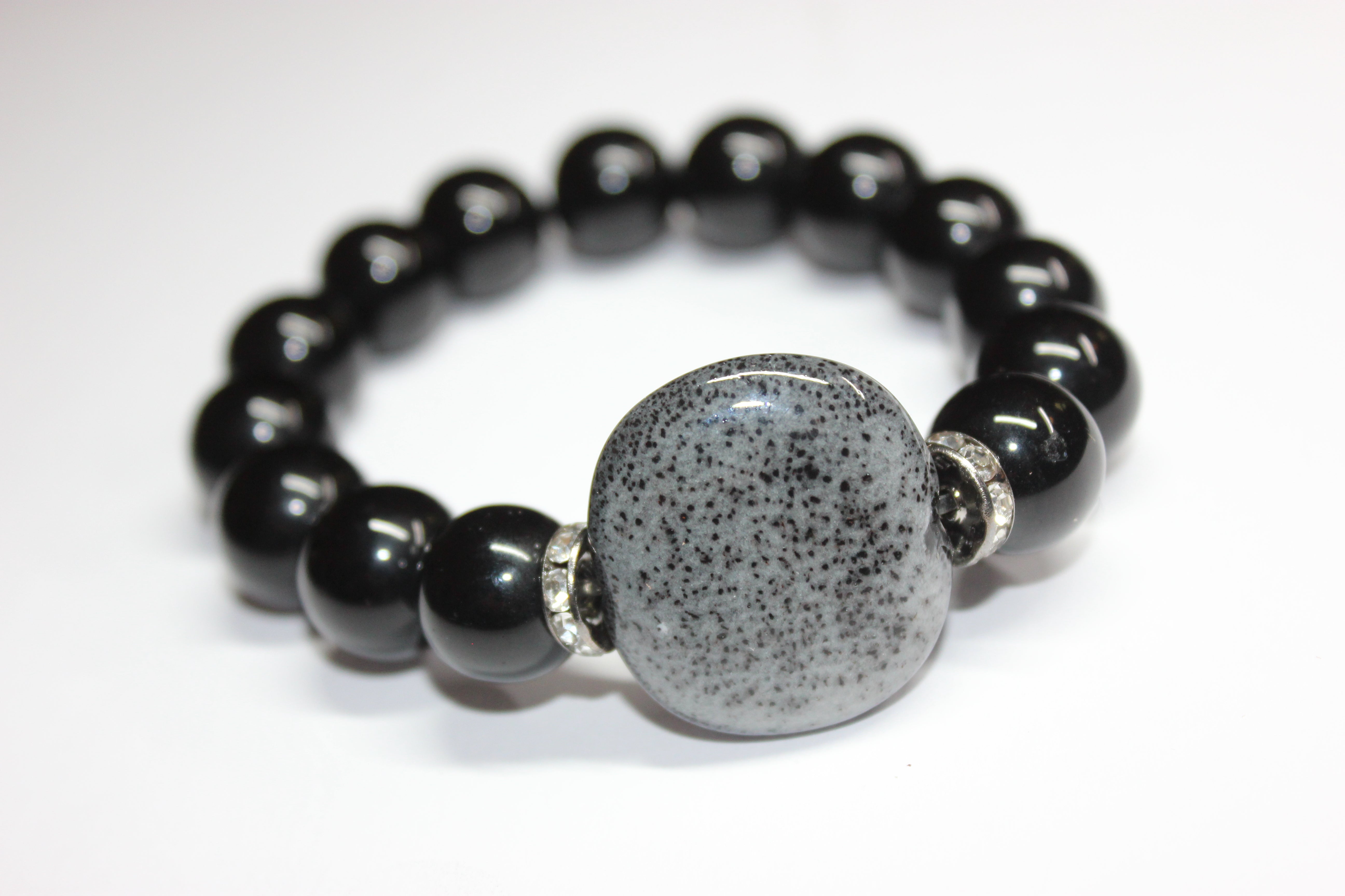 Black & Grey Beaded Bracelet with Smooth Gemstone