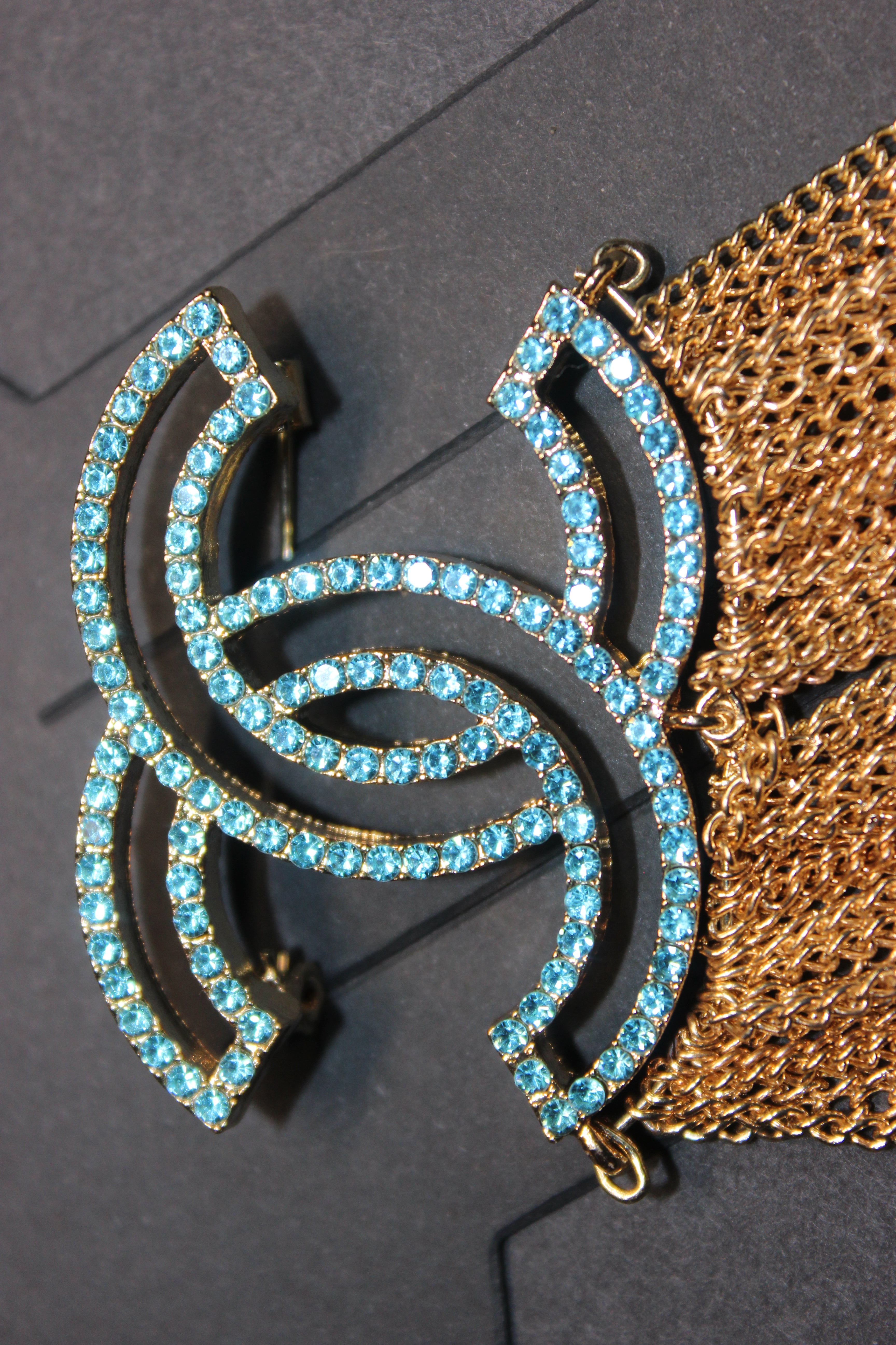 Aquamarine & Gold Chain Brooch Pin