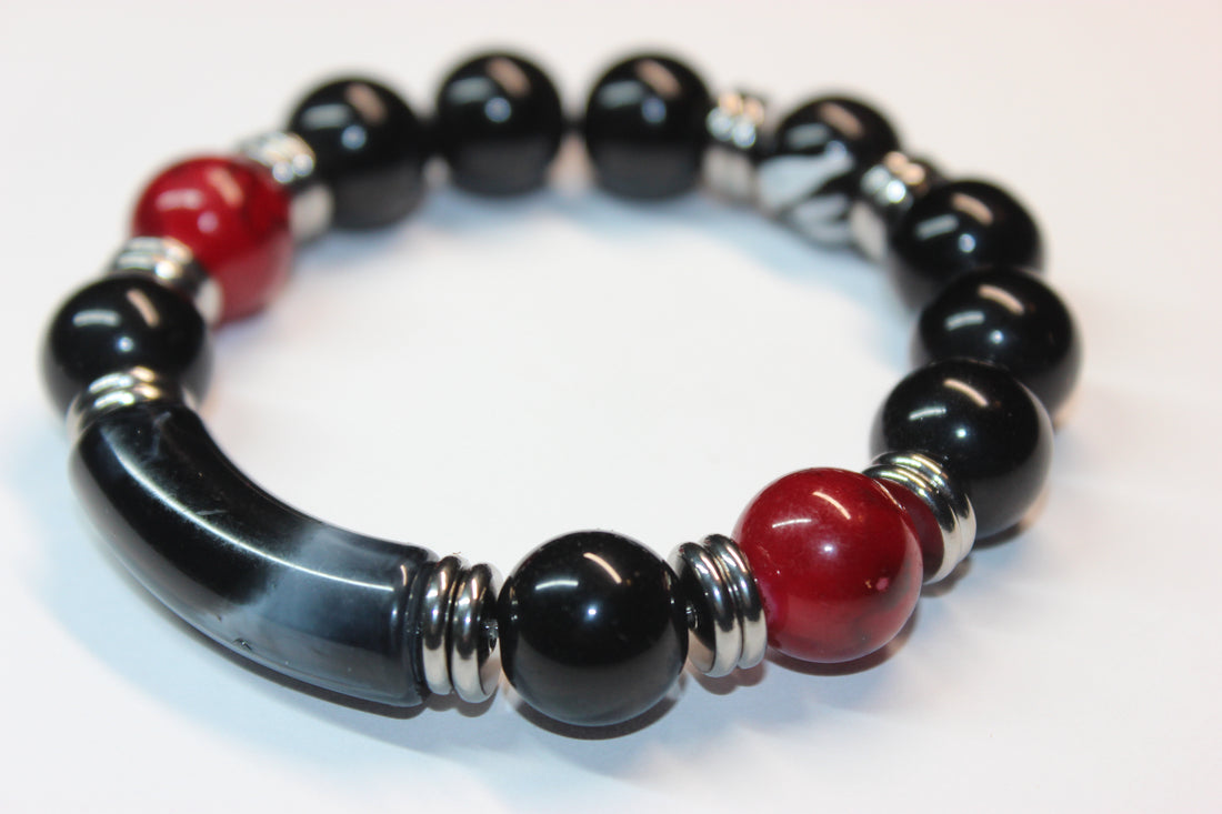 Men’s Black Red & Silver Beaded Bracelet