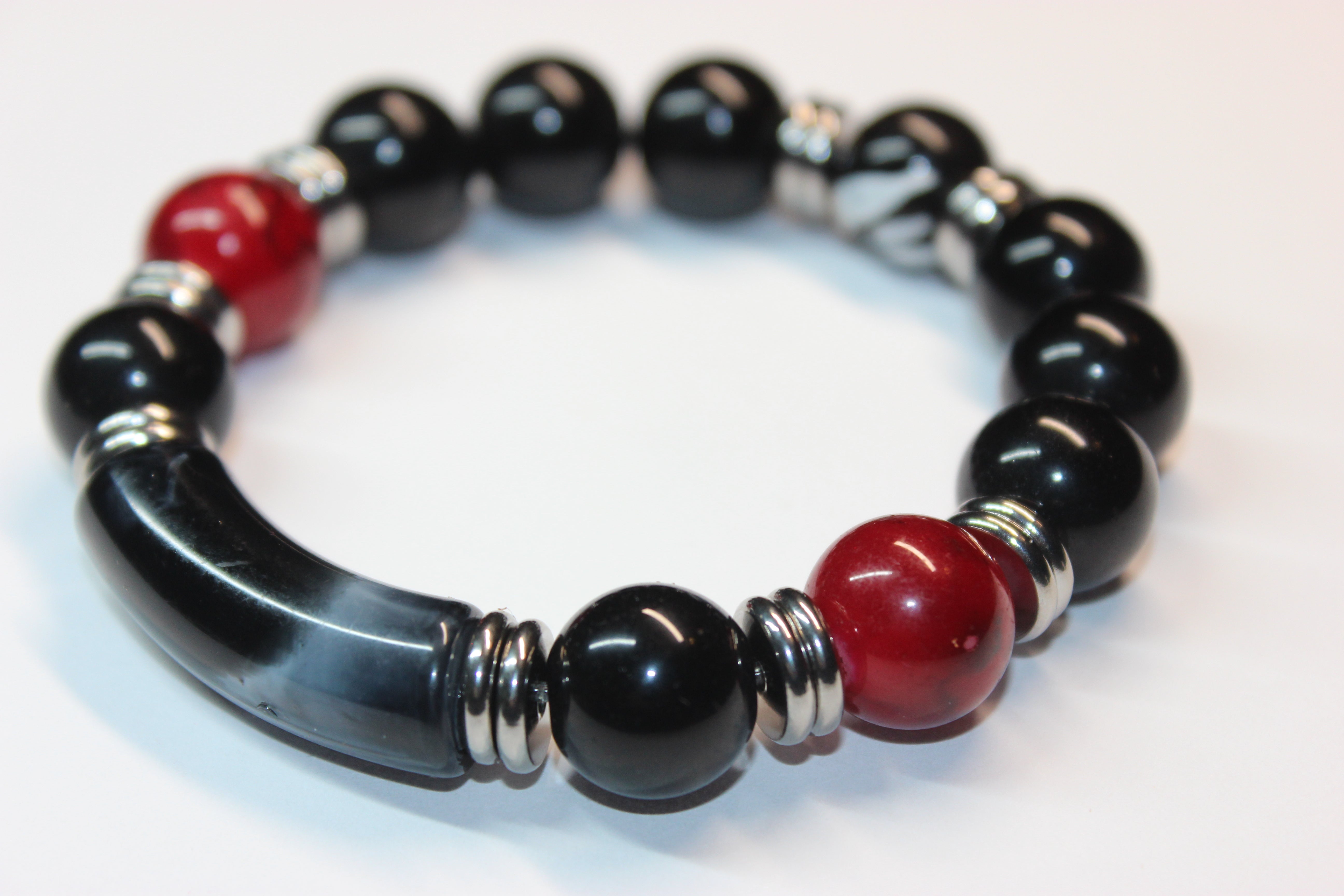 Men’s Black Red & Silver Beaded Bracelet