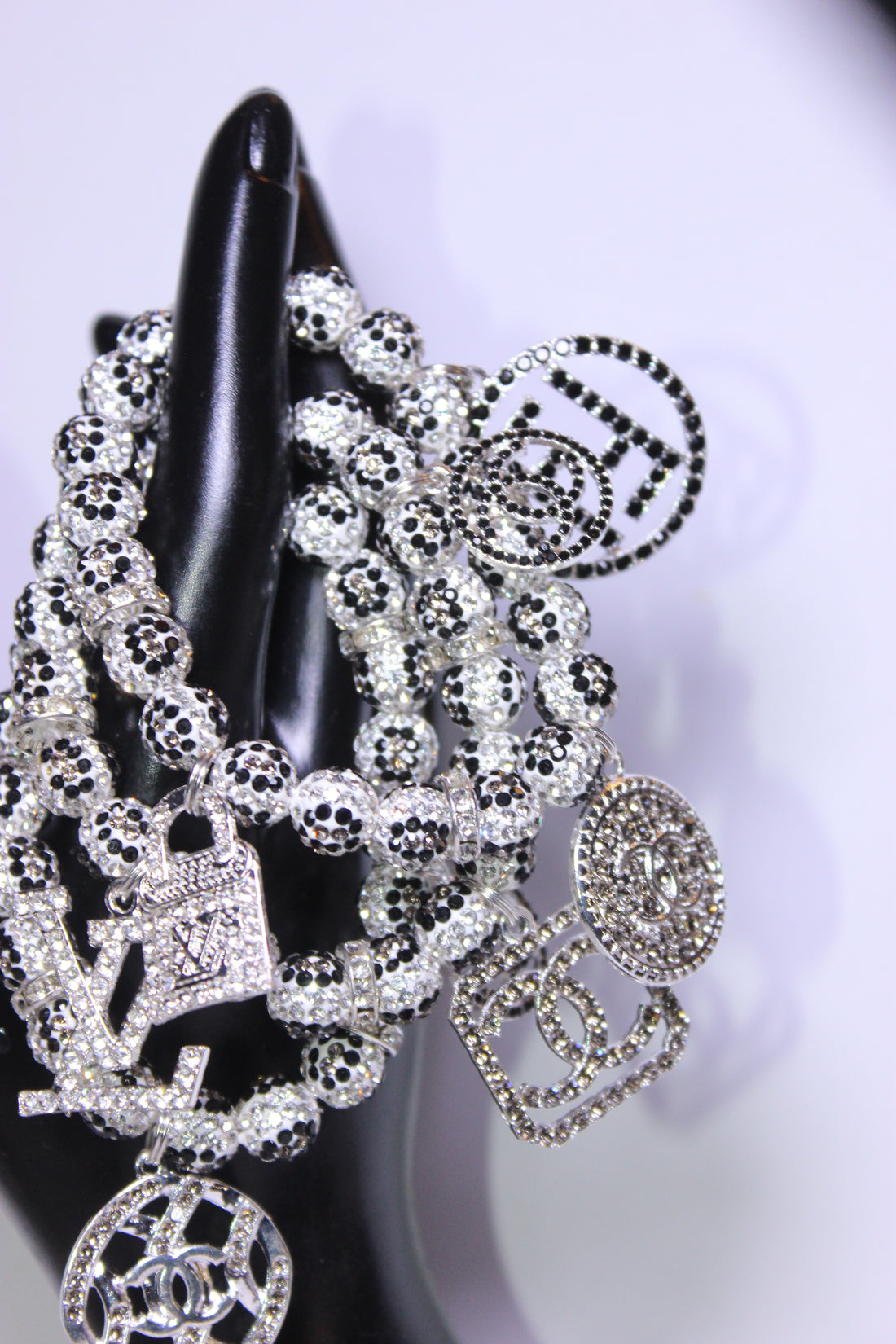 3 Piece White/Black/Grey Rhinestone Charm Bracelet Set