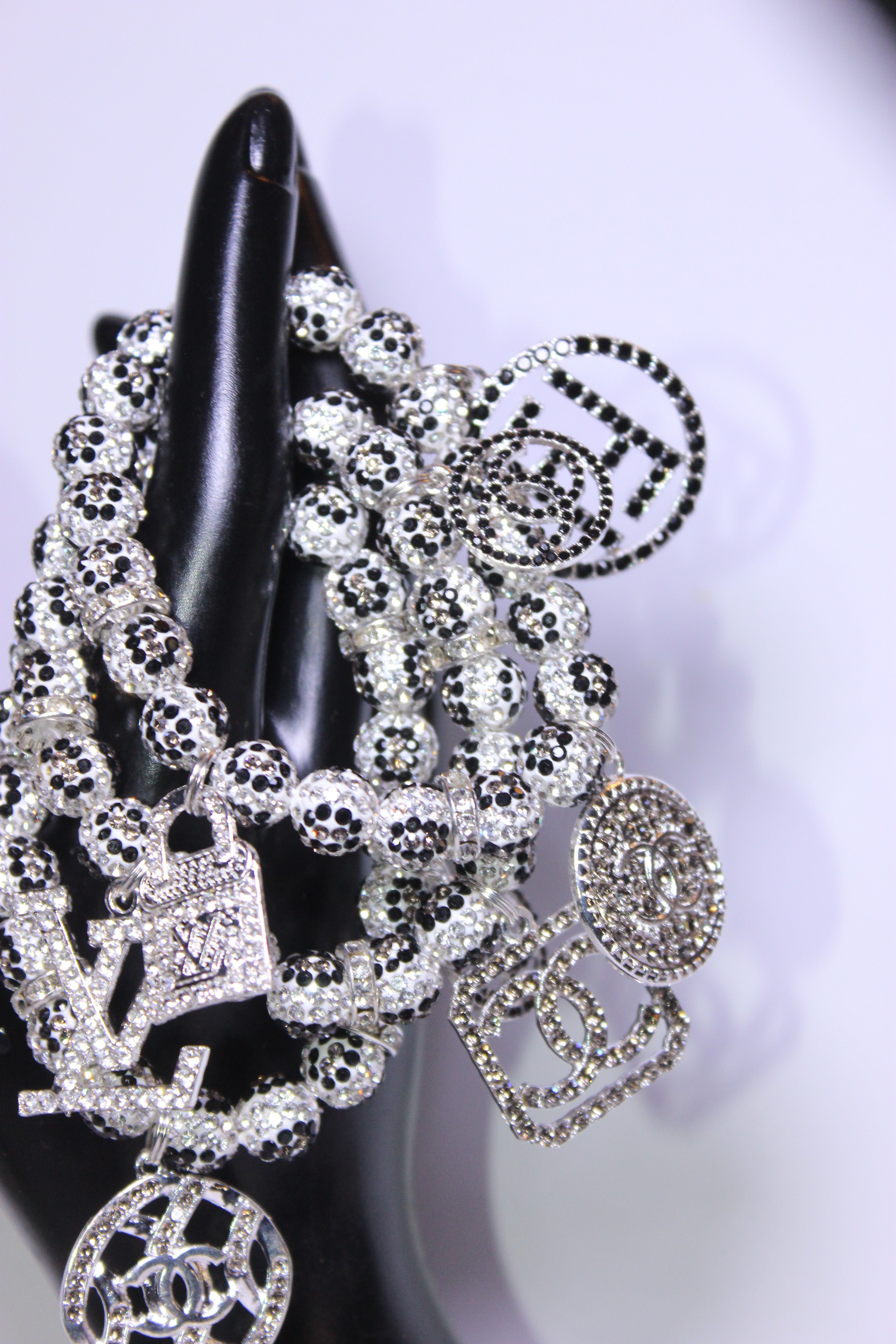 3 Piece White/Black/Grey Rhinestone Charm Bracelet Set