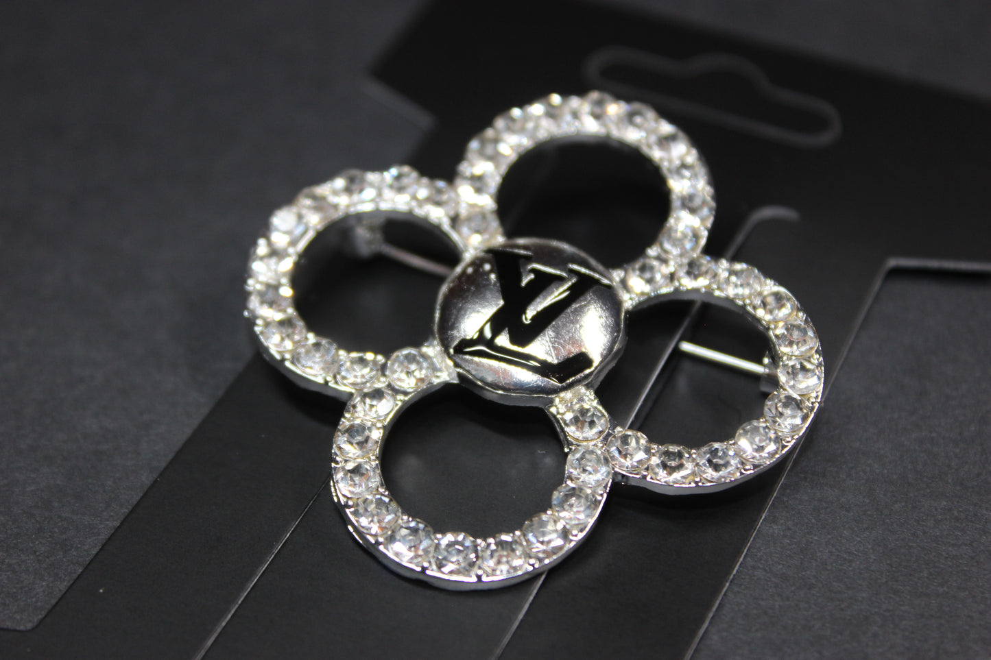 Silver & Black Rhinestone Clover Style Brooch Pin