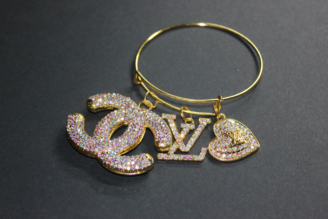 Iridescent & Gold Rhinestone Charm Bangle Bracelet