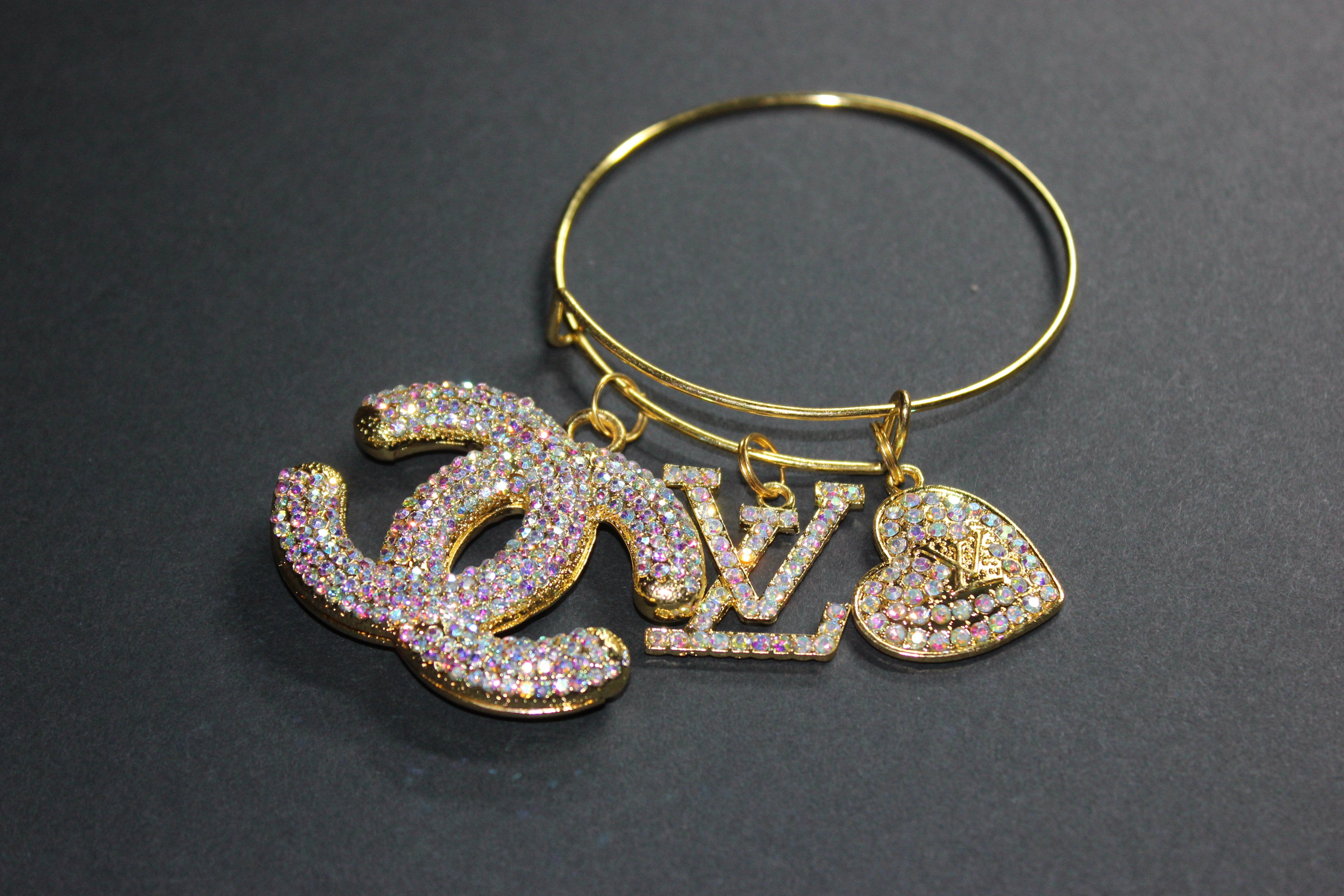 Iridescent & Gold Rhinestone Charm Bangle Bracelet