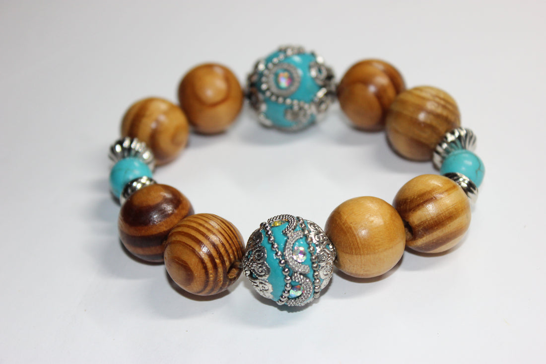 Wood & Turquoise Beaded Bracelet