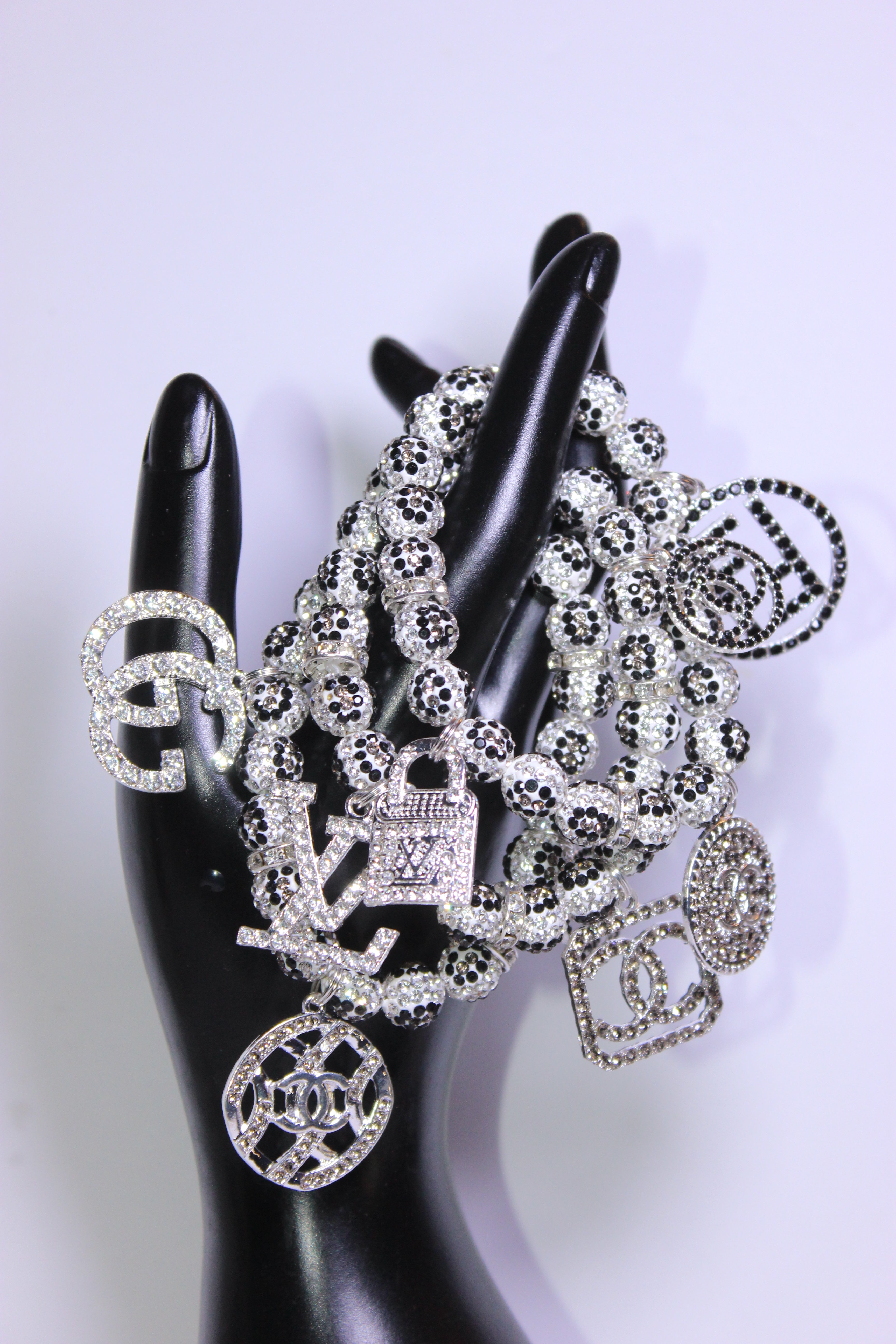 3 Piece White/Black/Grey Rhinestone Charm Bracelet Set