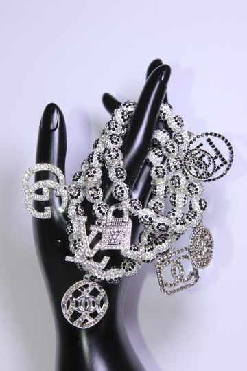 3 Piece White/Black/Grey Rhinestone Charm Bracelet Set