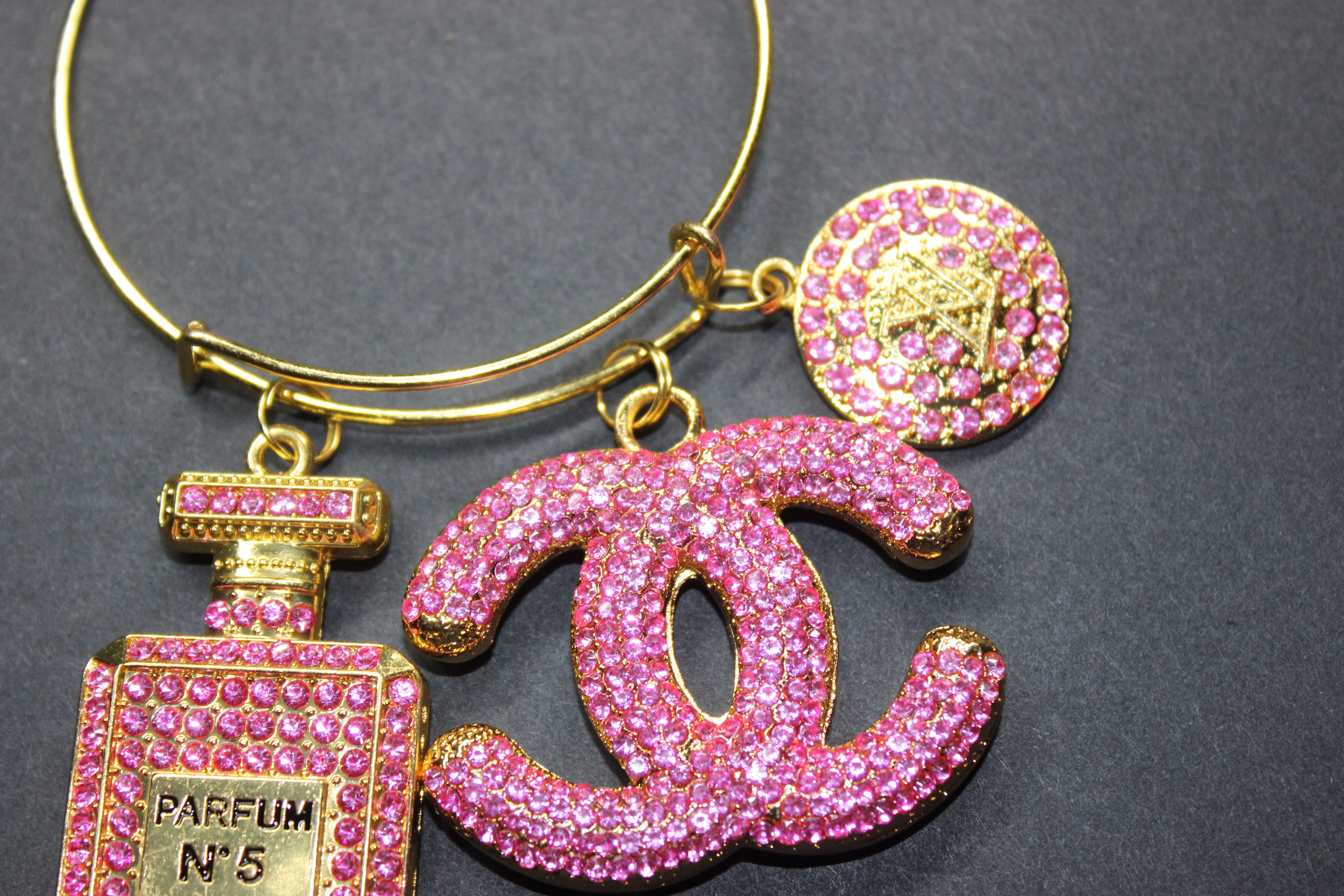 Pink & Gold Rhinestone Charm Bangle Bracelet