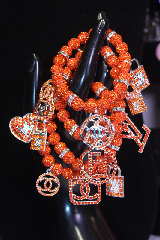 4 Piece Orange & Silver Rhinestone Charm Bracelet Set