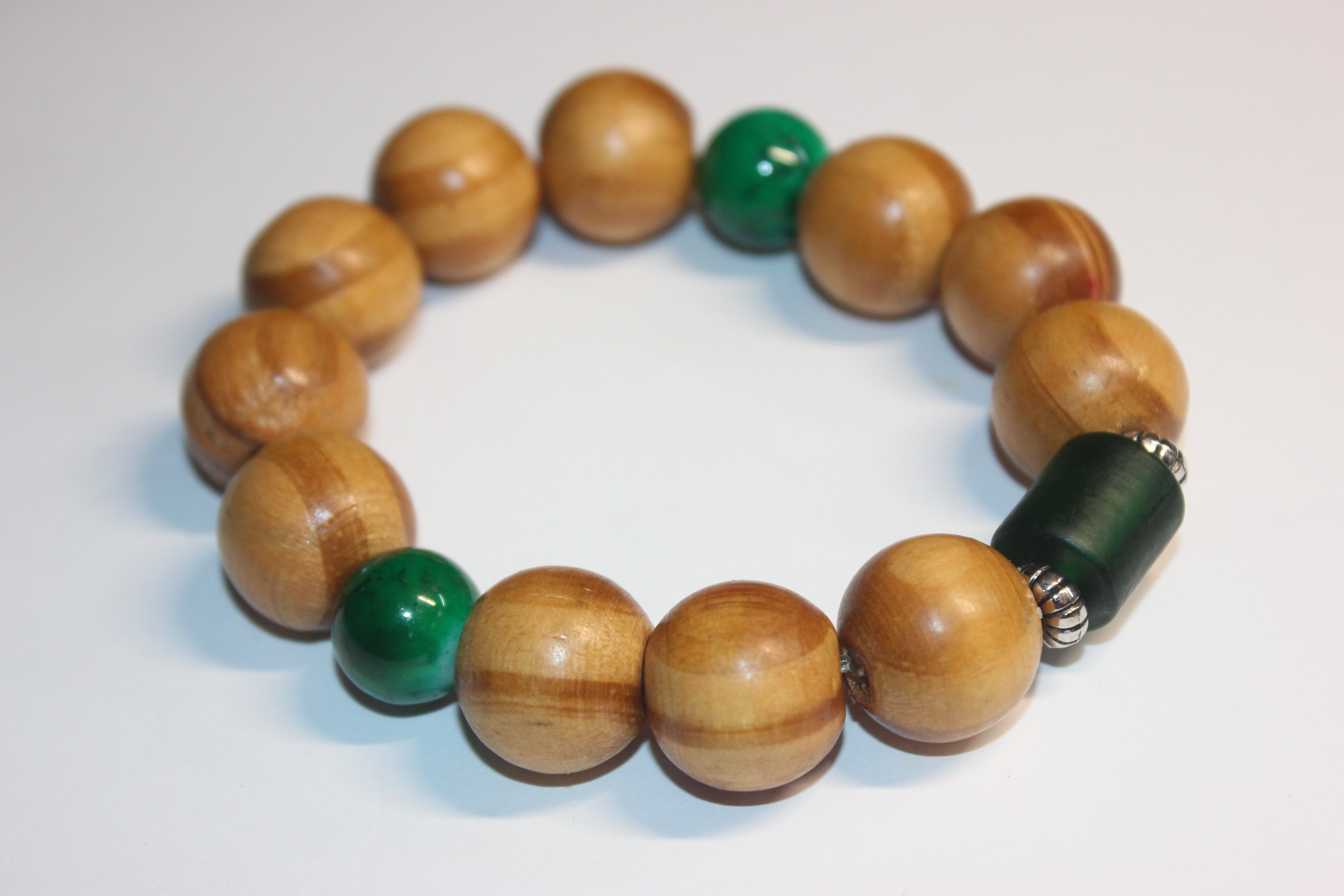 Wood & Green Beaded Bracelet