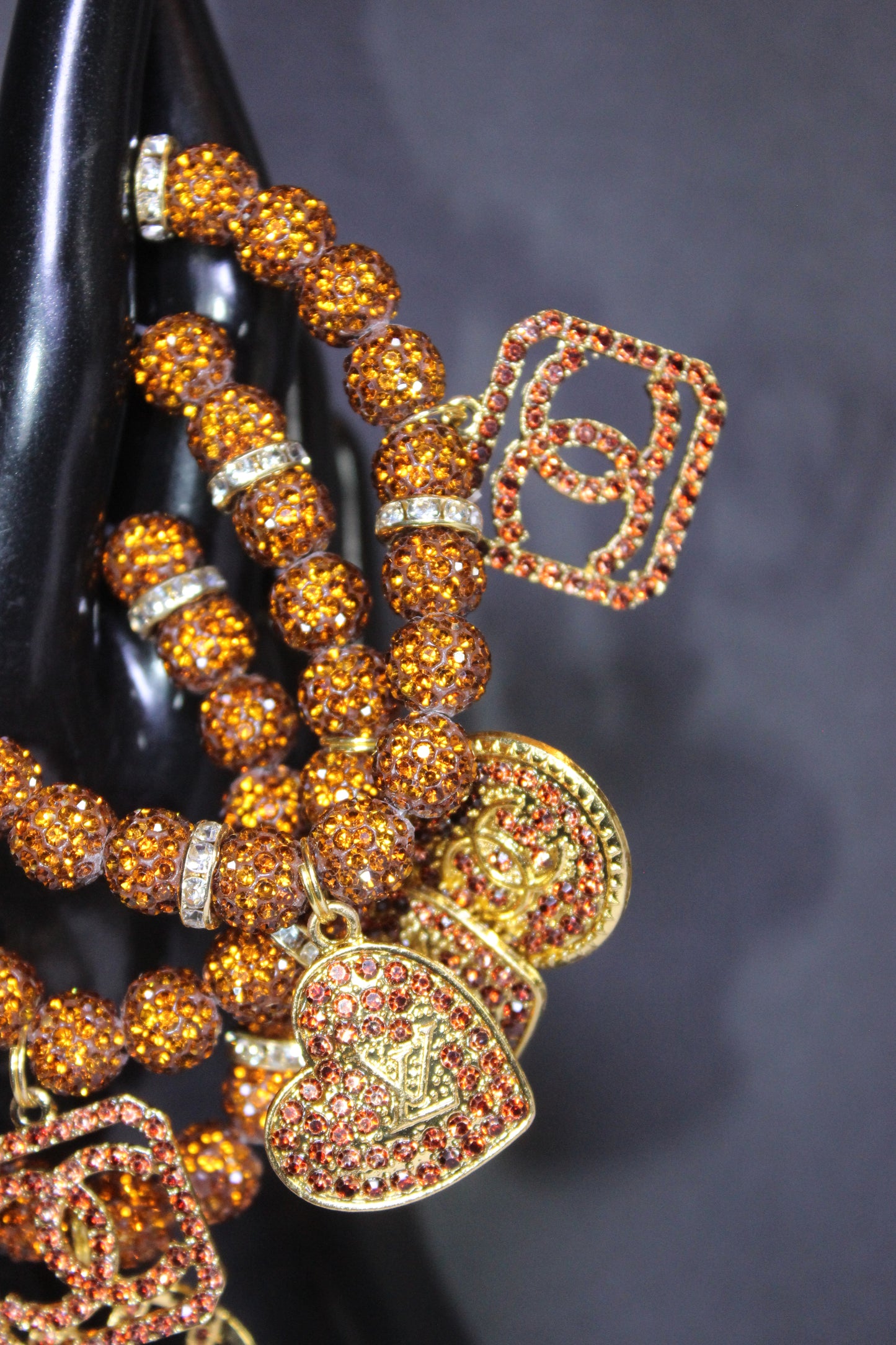 3 Piece Brown Gold & Topaz Rhinestone Charm Bracelet Set