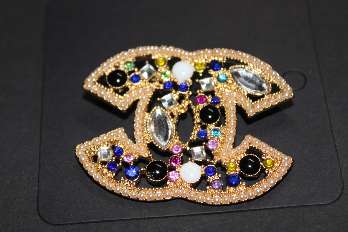 Gold Colorful Rhinestone with Pearl Brooch Pin