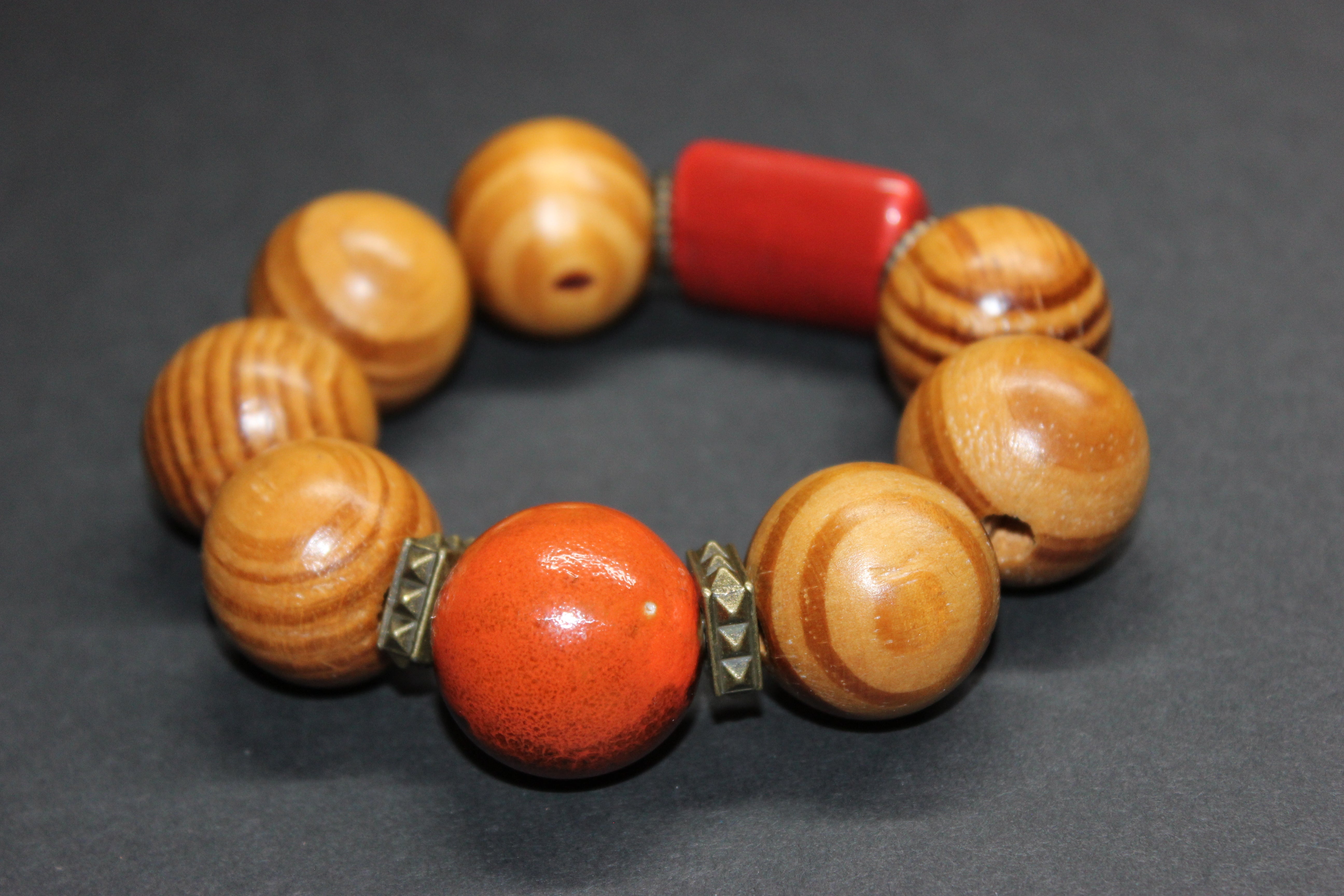 Large Wood & Orange Beaded Bracelet
