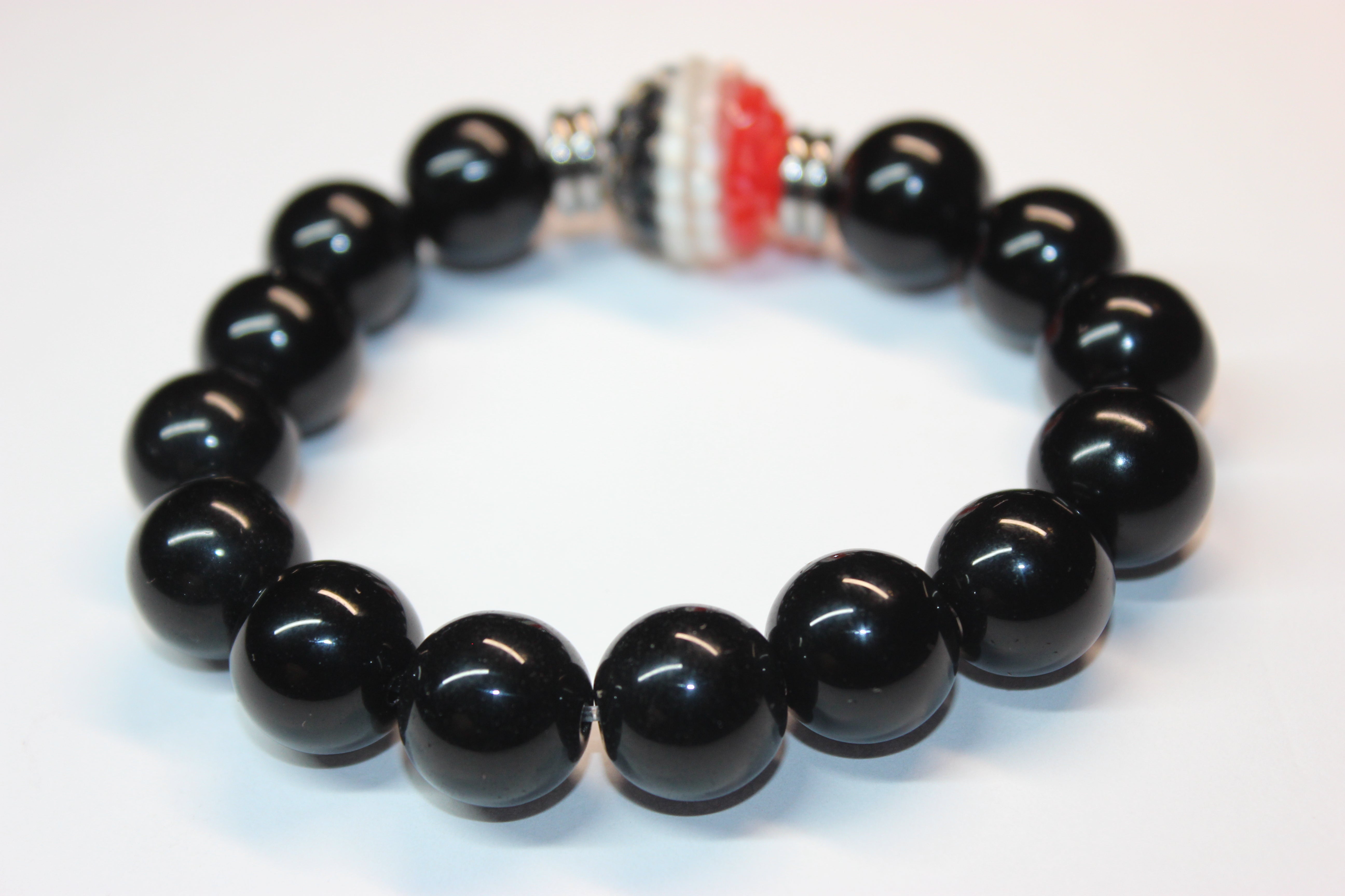 Red Black & White with Silver Mens Beaded Bracelet