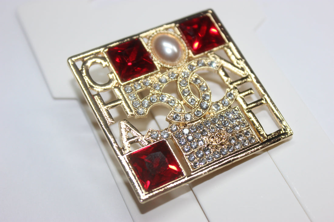 Gold Red & Pearl Brooch Pin