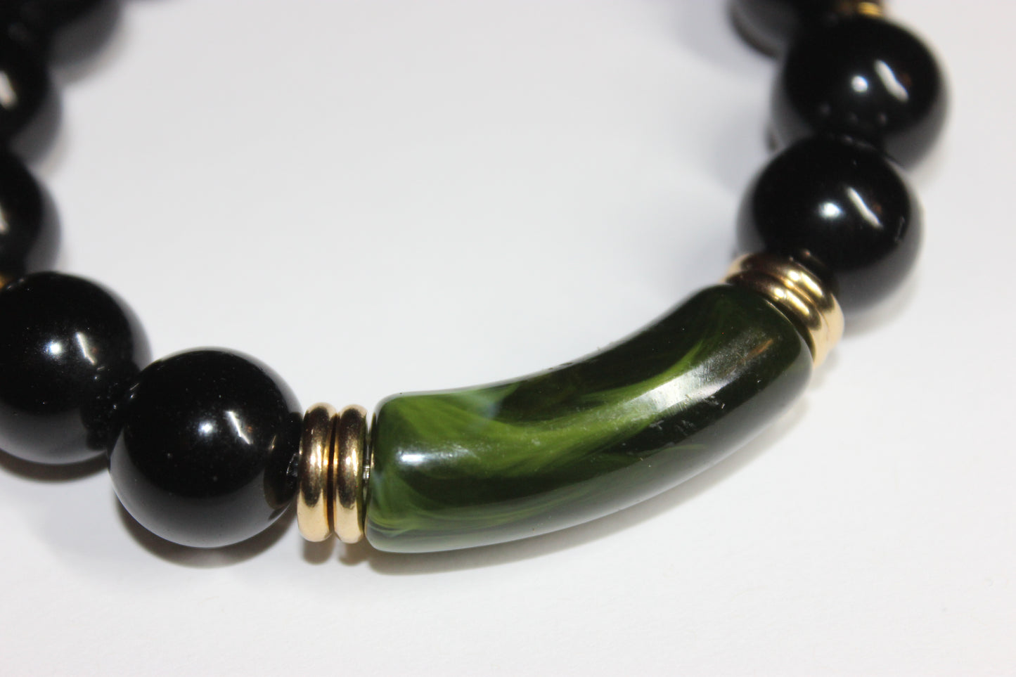 Olive Green Black & Gold Beaded Bracelet