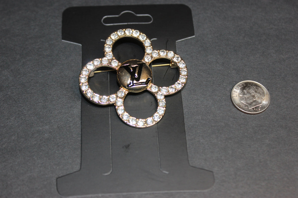 Rhinestone Black & Gold Brooch Pin