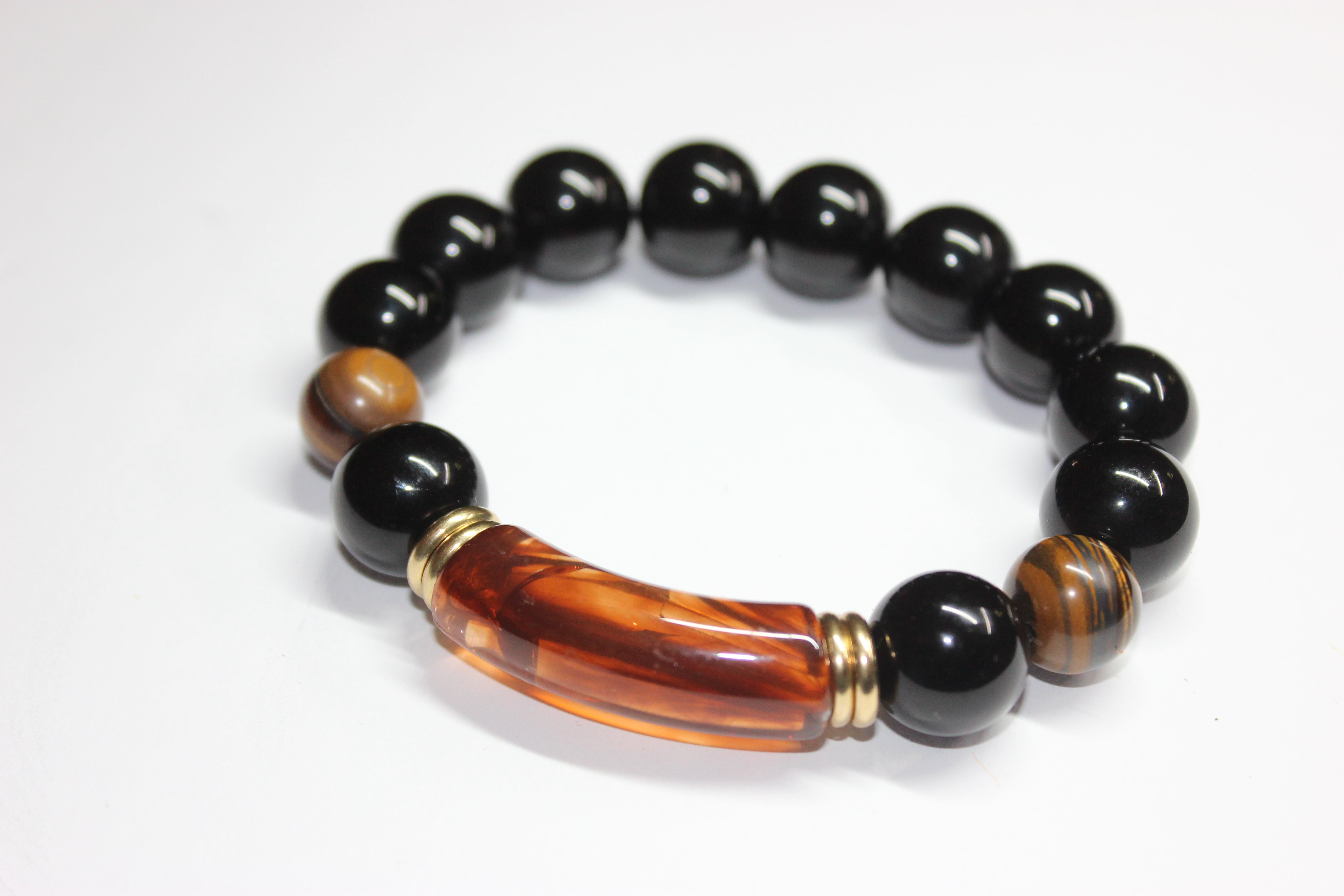 Black Topaz & Brown Tiger Eye Beaded Bracelet w/ Gold