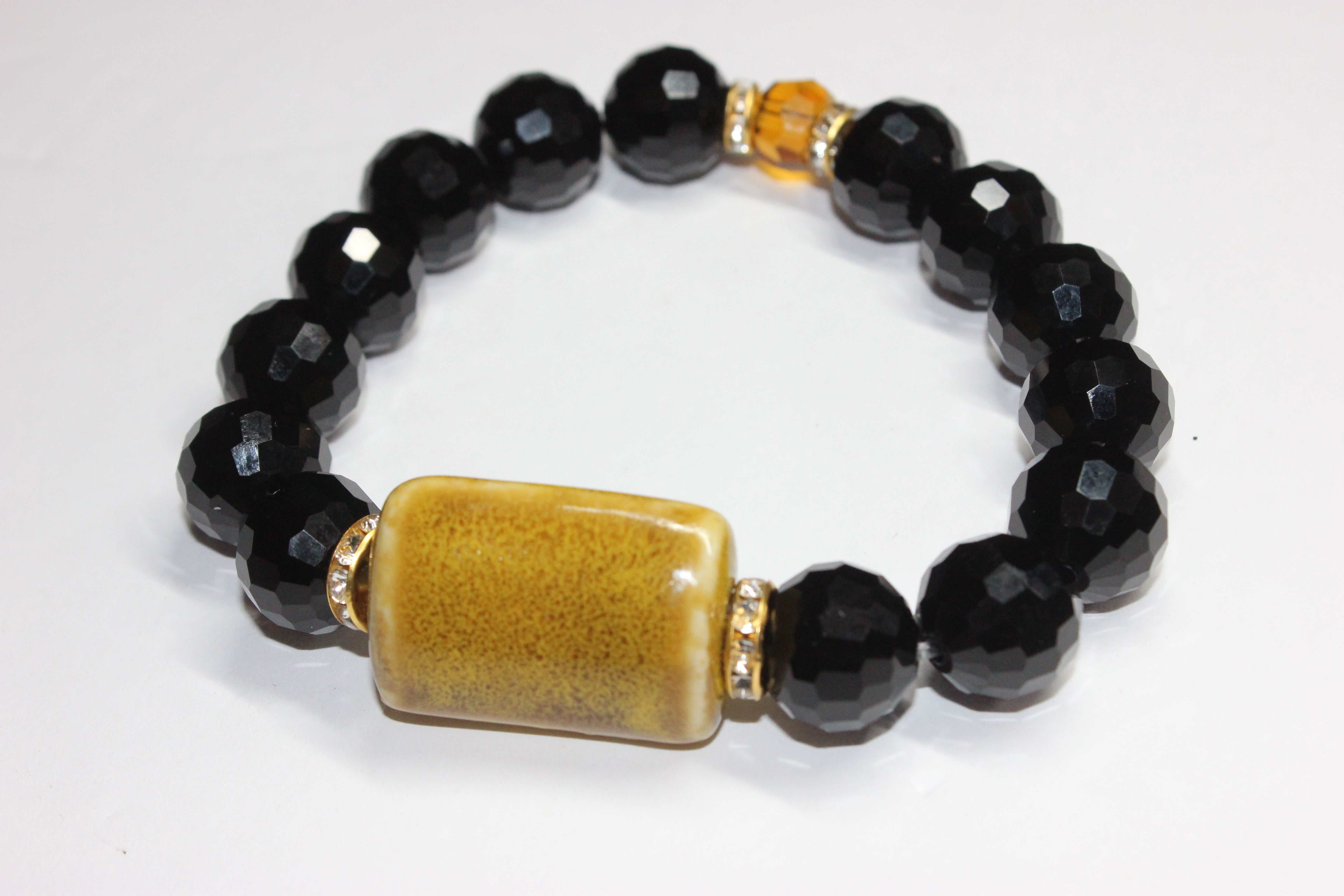 Black/Mustard/Topaz Set In Gold Black Ice Bracelet with Smooth Ceramic Gemstone