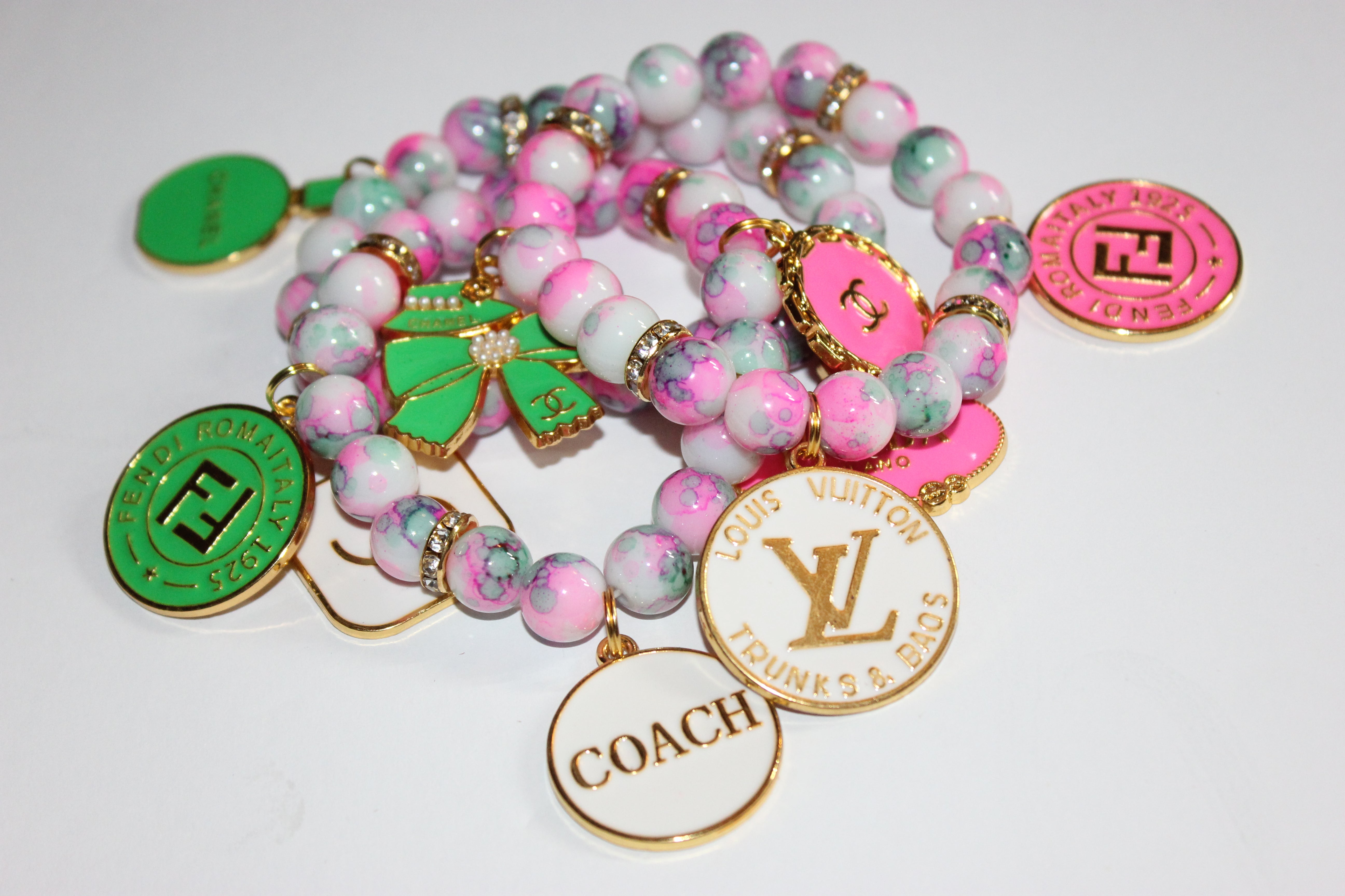 3 Piece Pink Green & White w/ Gold Charm Bracelet Set