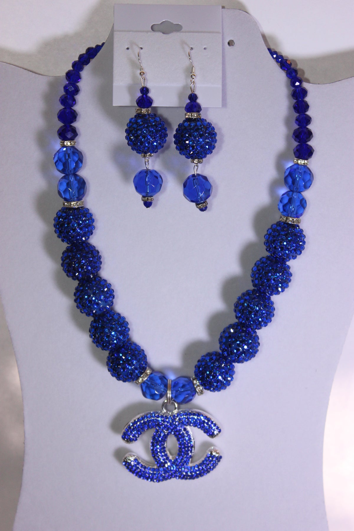 Royal Blue & Silver Rhinestone Charm Necklace & Earrings Set