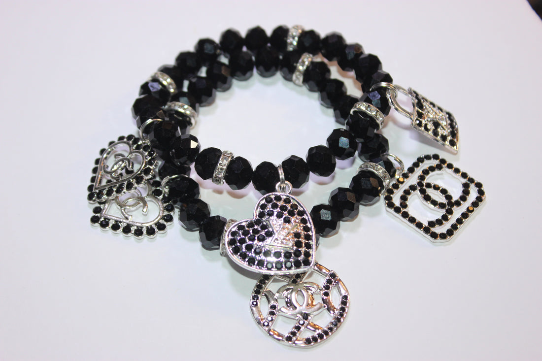2 Piece Black & Silver Crystal Charm Bracelet Set