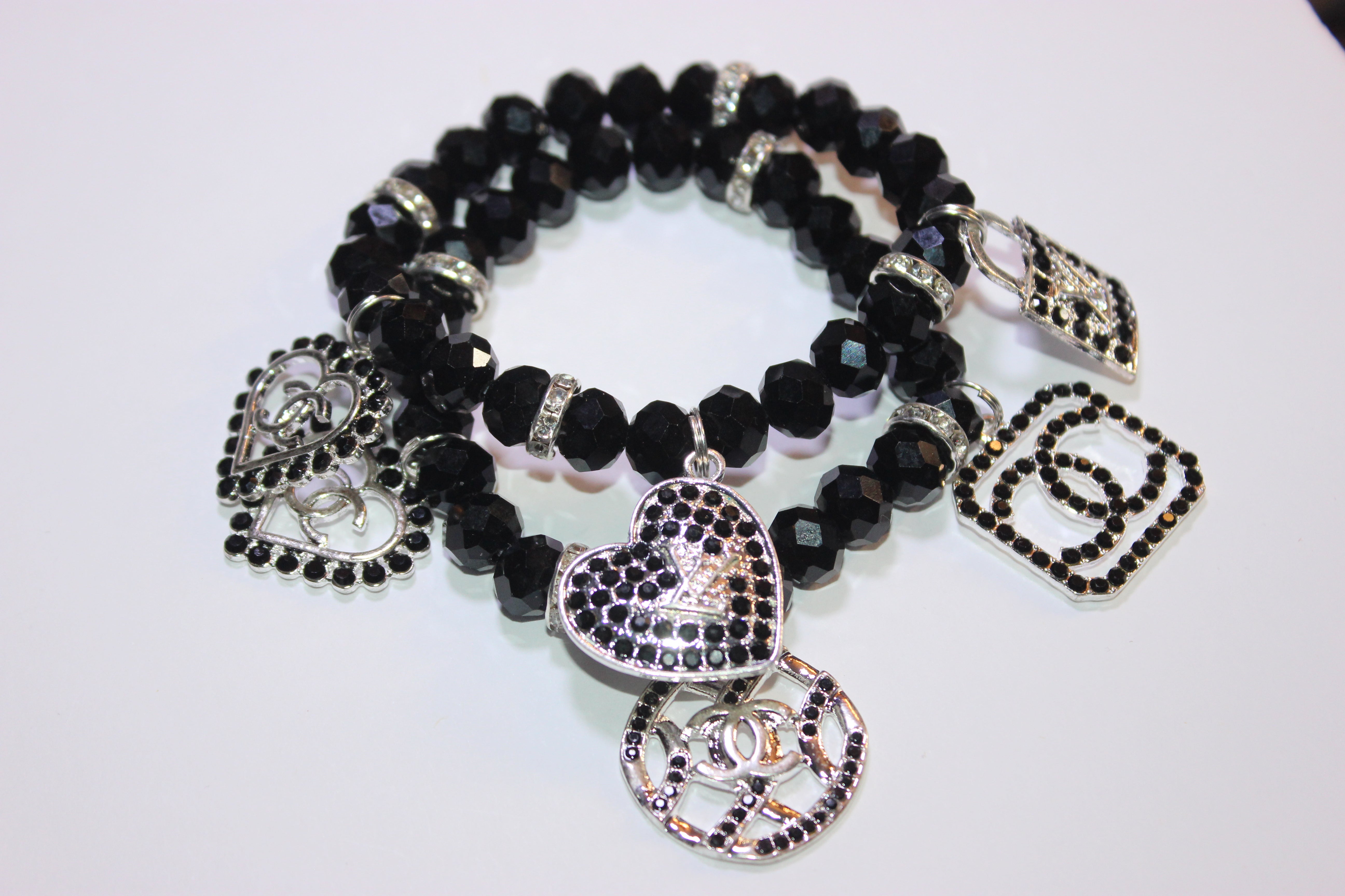 2 Piece Black & Silver Crystal Charm Bracelet Set