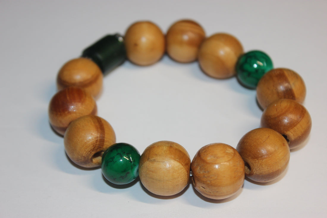 Wood & Green Beaded Bracelet