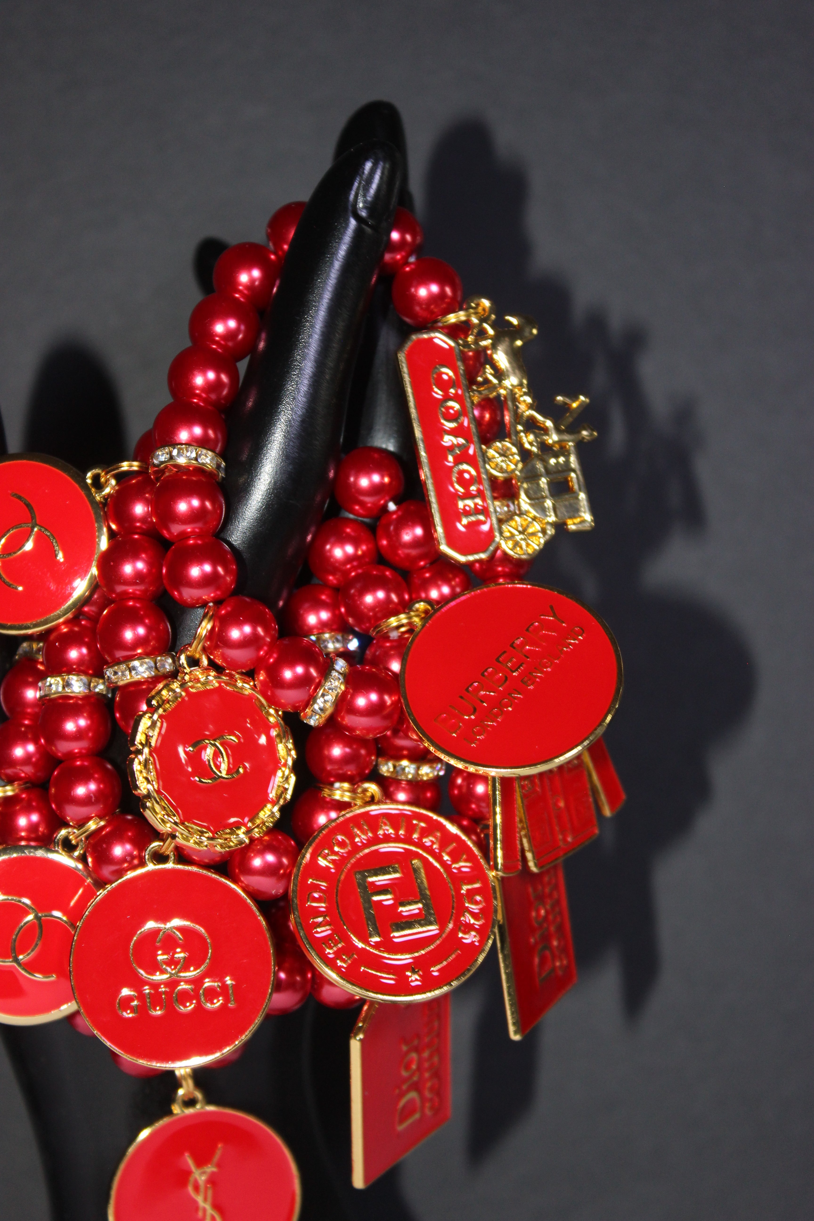 4 Piece Red & Gold Pearl Charm Bracelet Set