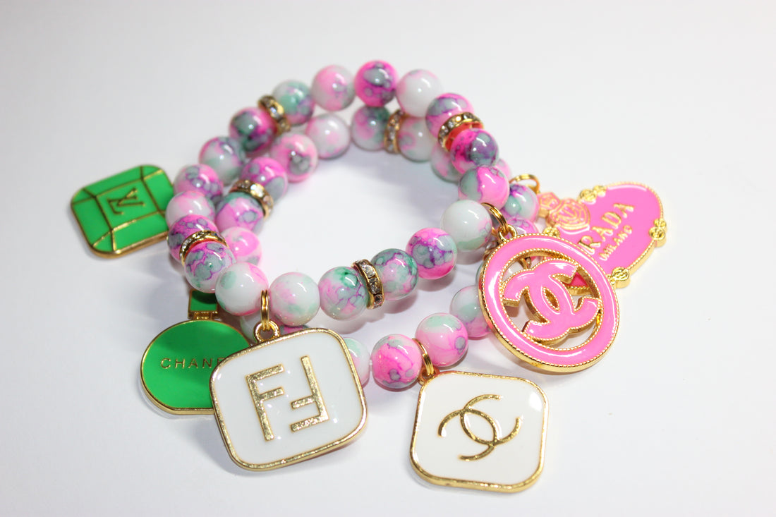 2 Piece White Green & Pink W/ Gold Beaded Charm Bracelet Set
