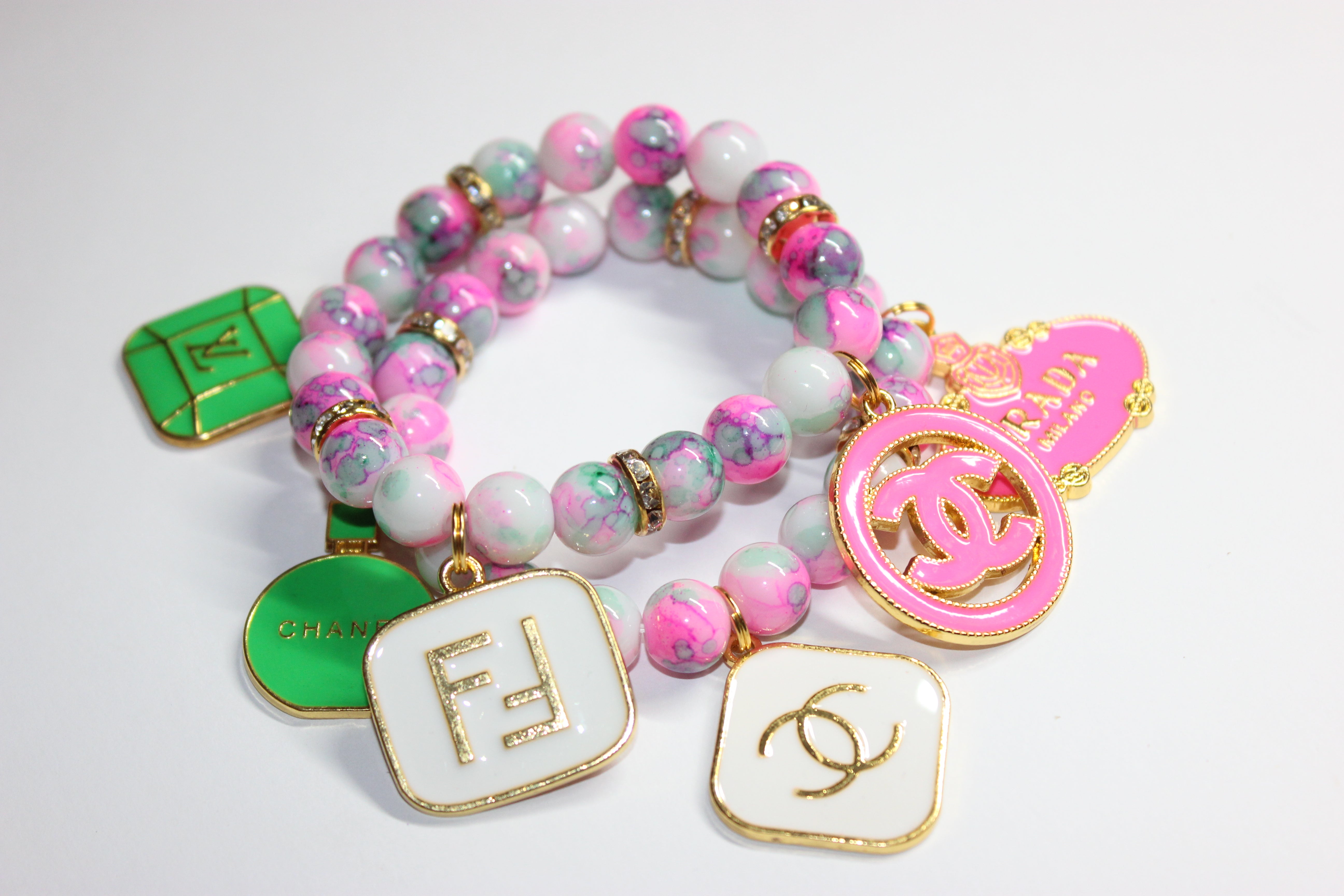 2 Piece White Green & Pink W/ Gold Beaded Charm Bracelet Set