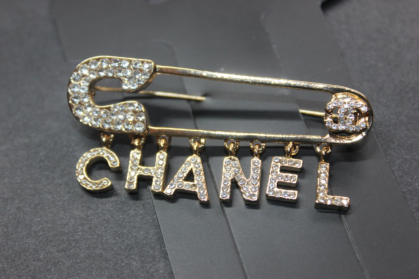 Gold Rhinestone Safety Pin Brooch