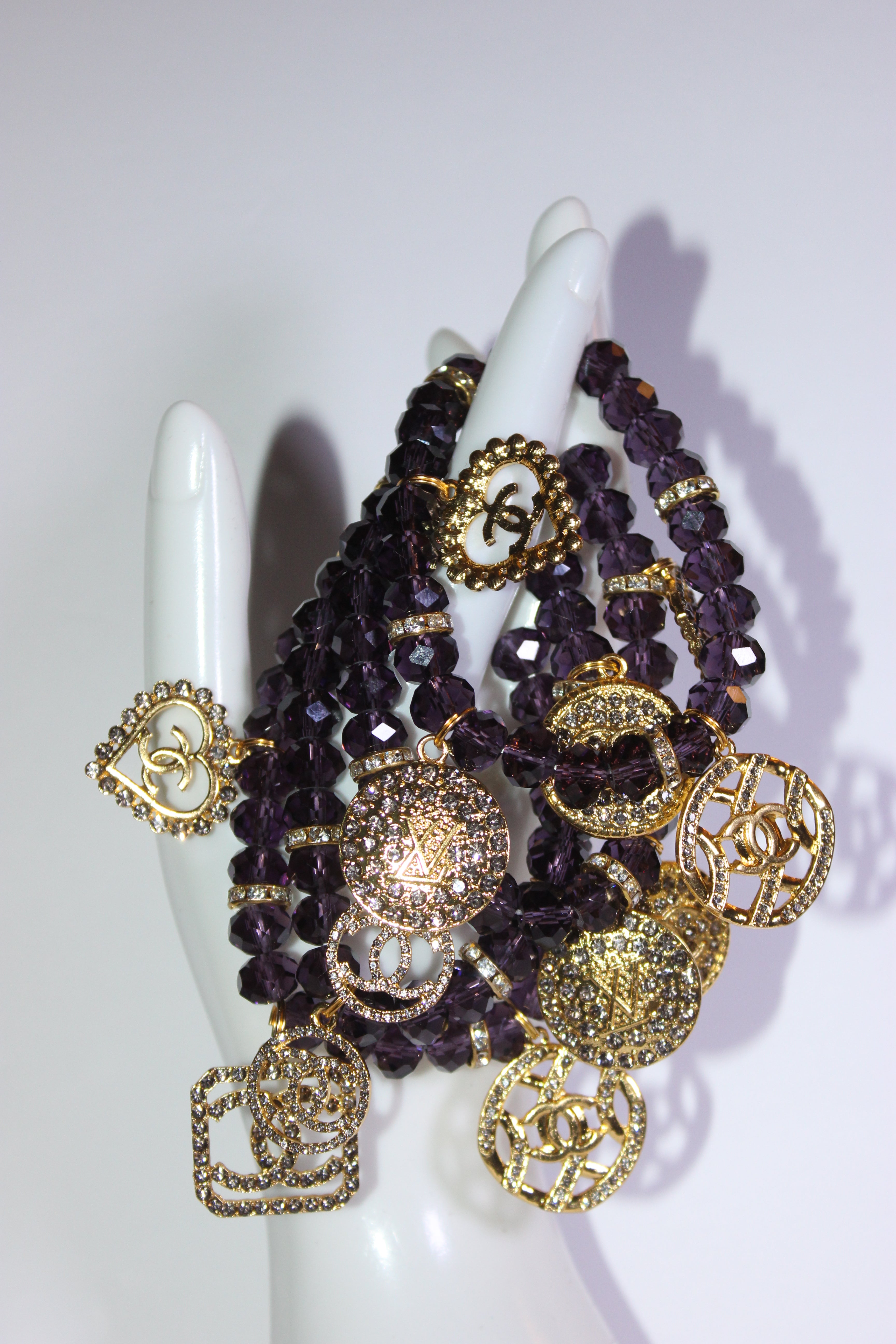 4 Piece Purple & Gold Crystal Charm Bracelet