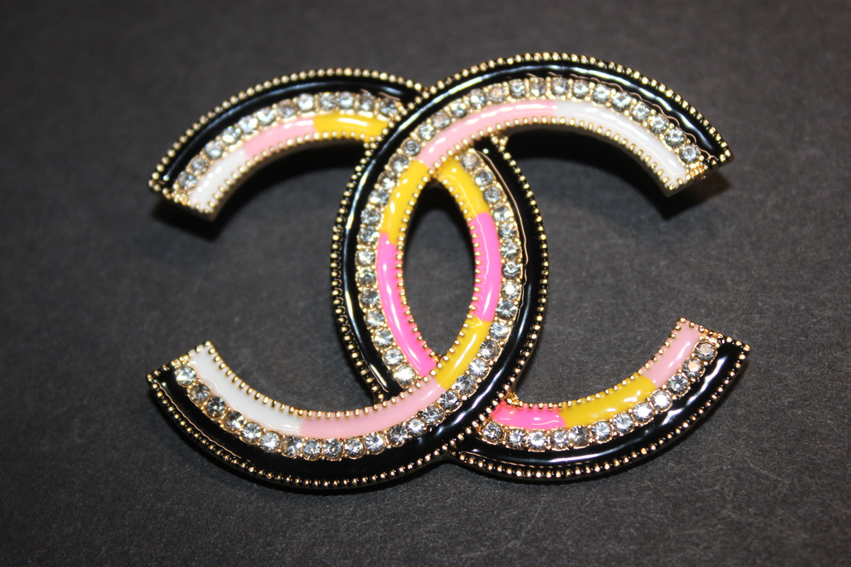 Pink/Yellow/Black/White Brooch Pin w GOLD