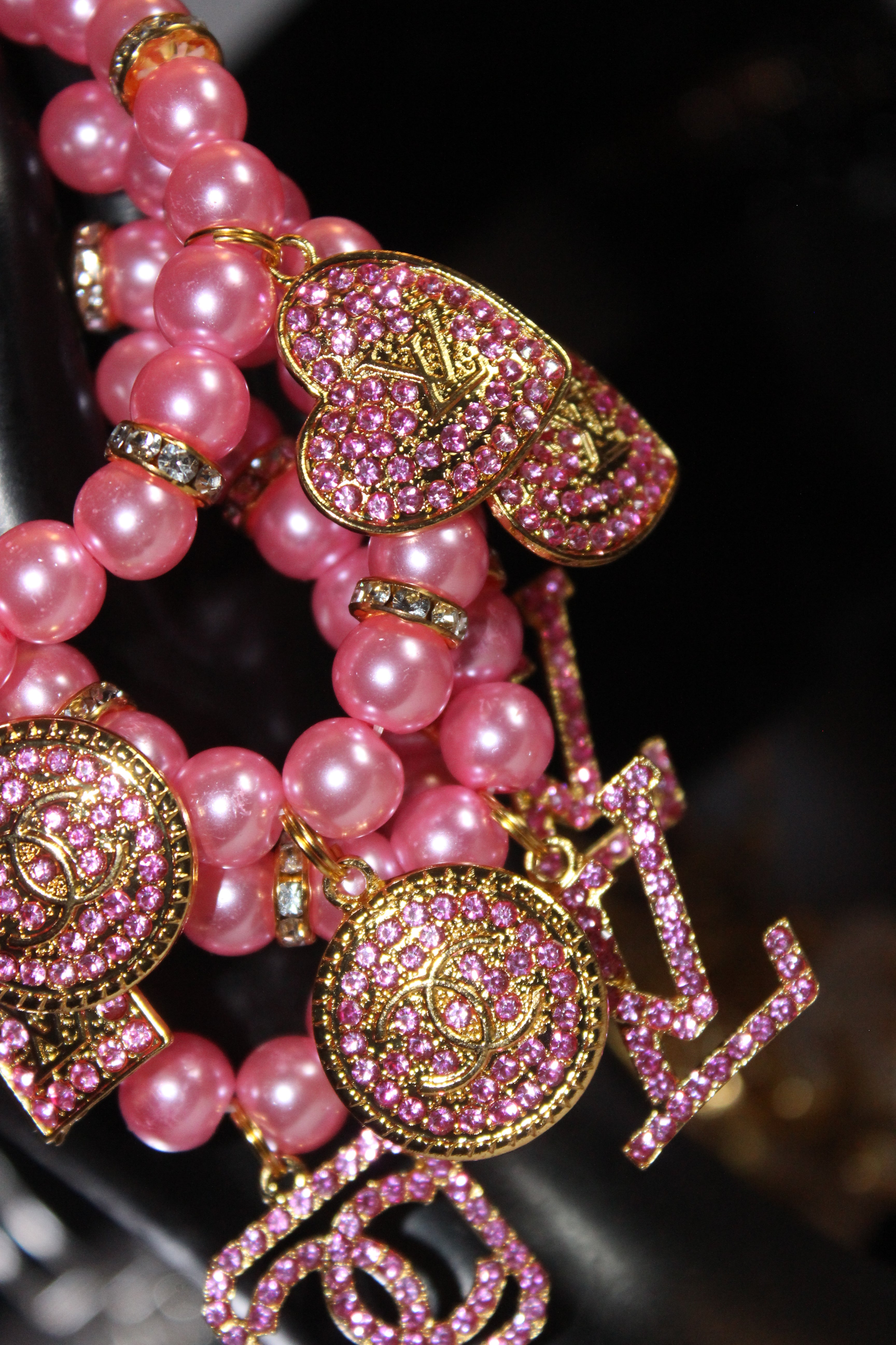 Pink & Gold 4 Piece Charm Bracelet Set w/ Rhinestone Charms