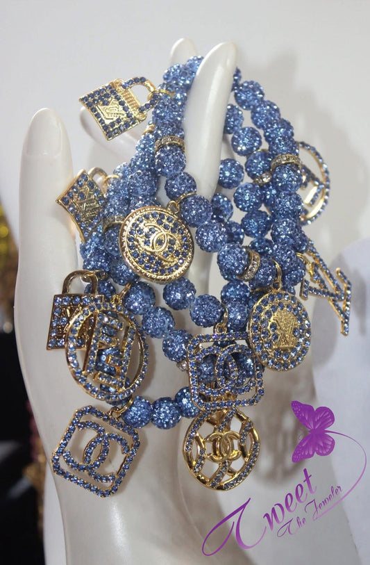 4 Piece Rhinestone Beaded Light Blue Charm Bracelet Set