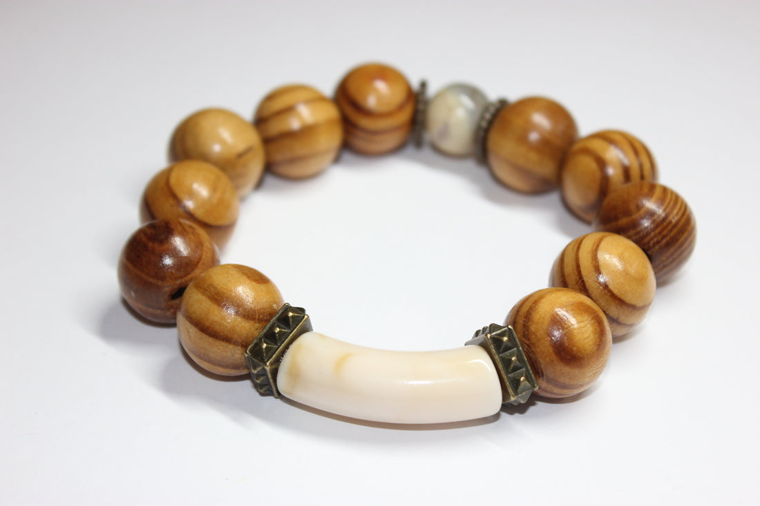 Tan & Wood Beaded Bracelet