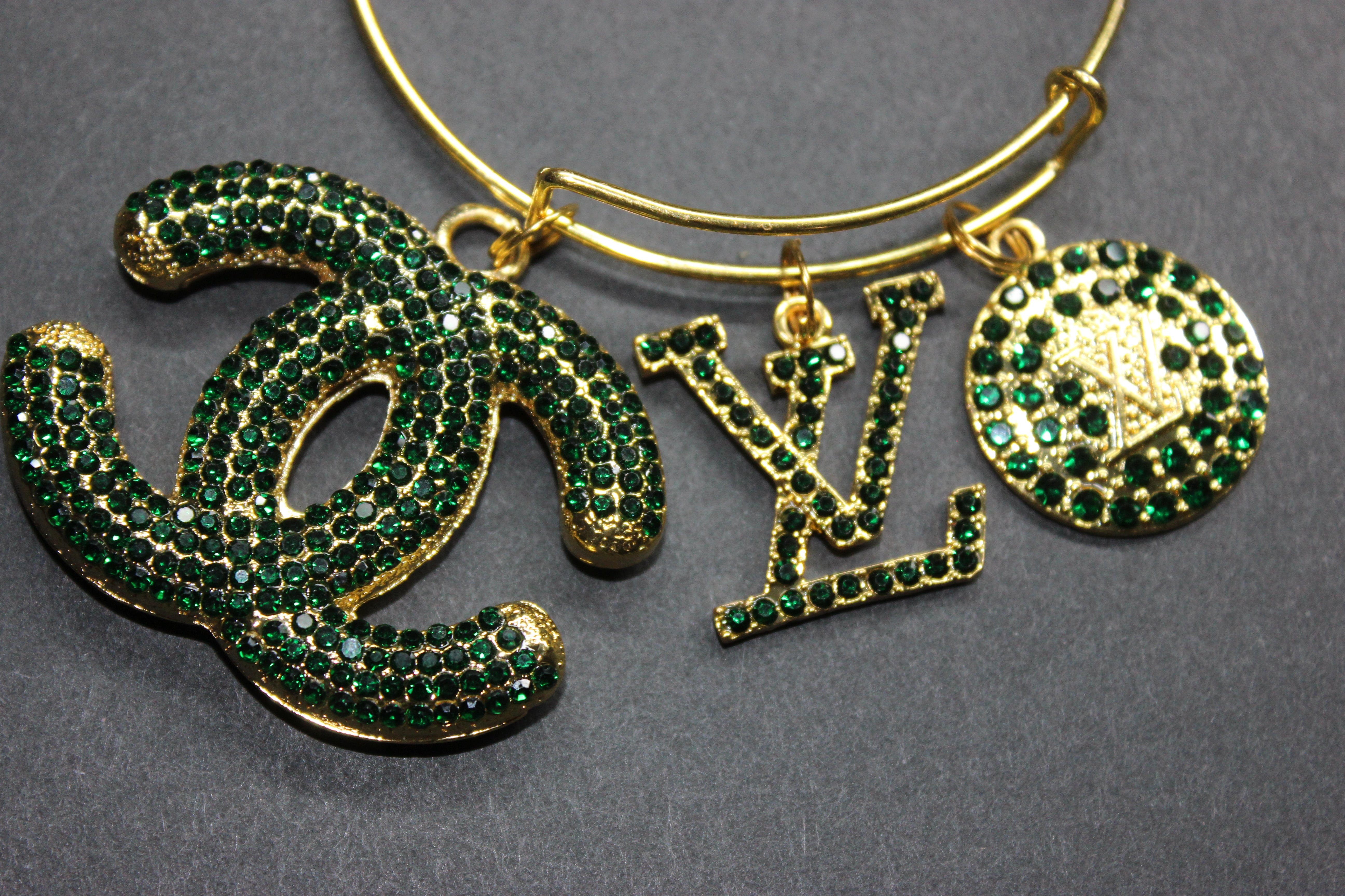 Hunter Green & Gold Rhinestone Charm Bangle
