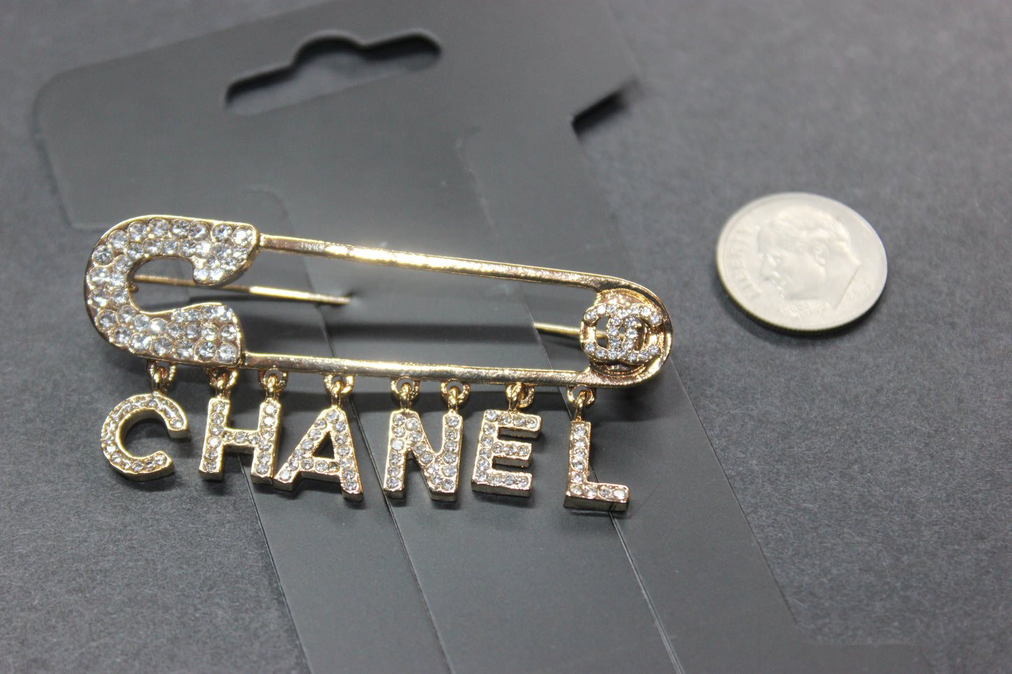 Gold Rhinestone Safety Pin Brooch