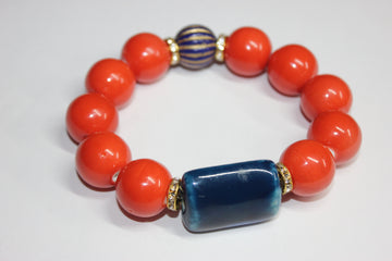 Orange & Blue Ceramic  Glass Gemstone Beaded Bracelet