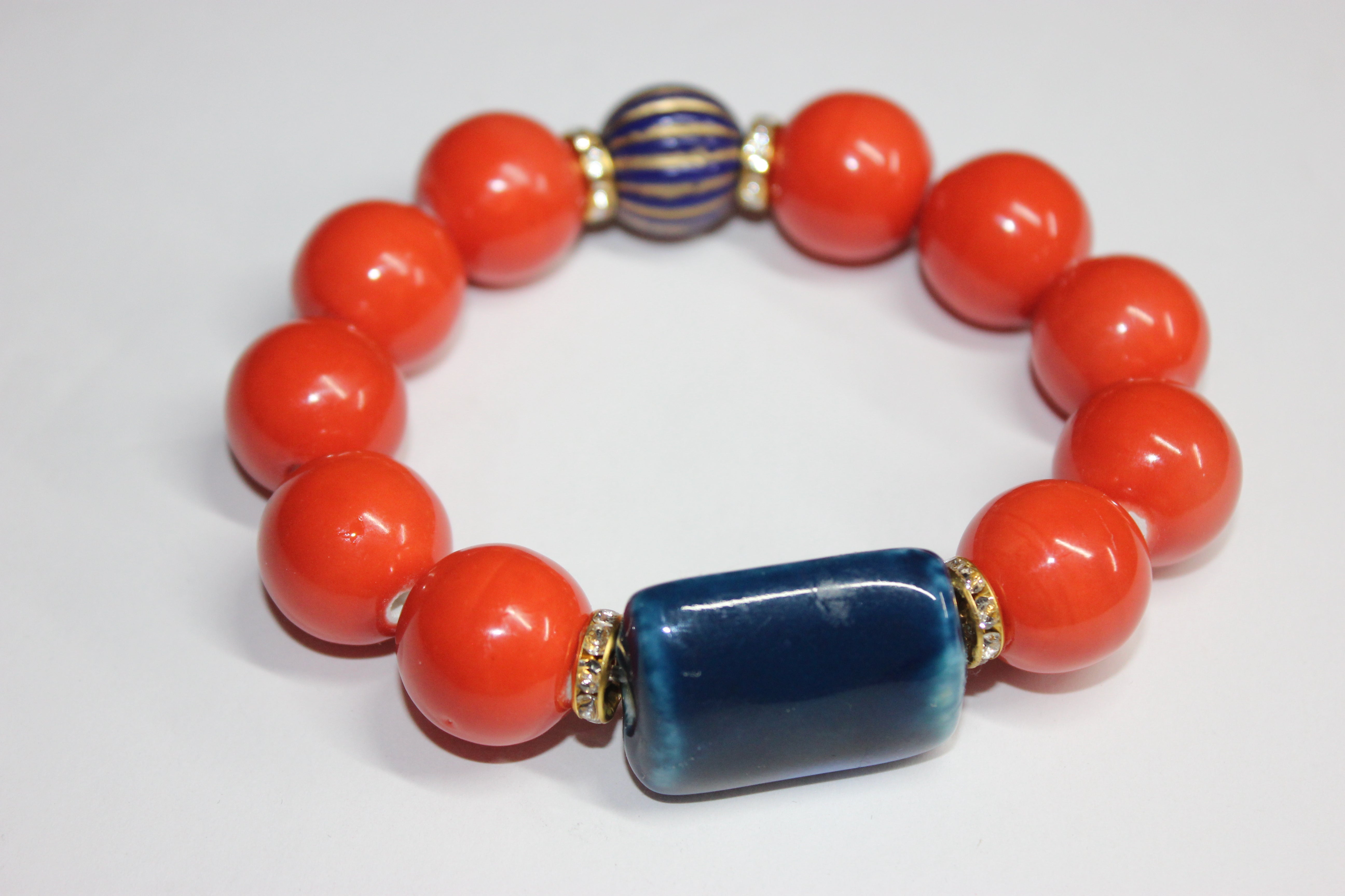 Orange & Blue Ceramic  Glass Gemstone Beaded Bracelet