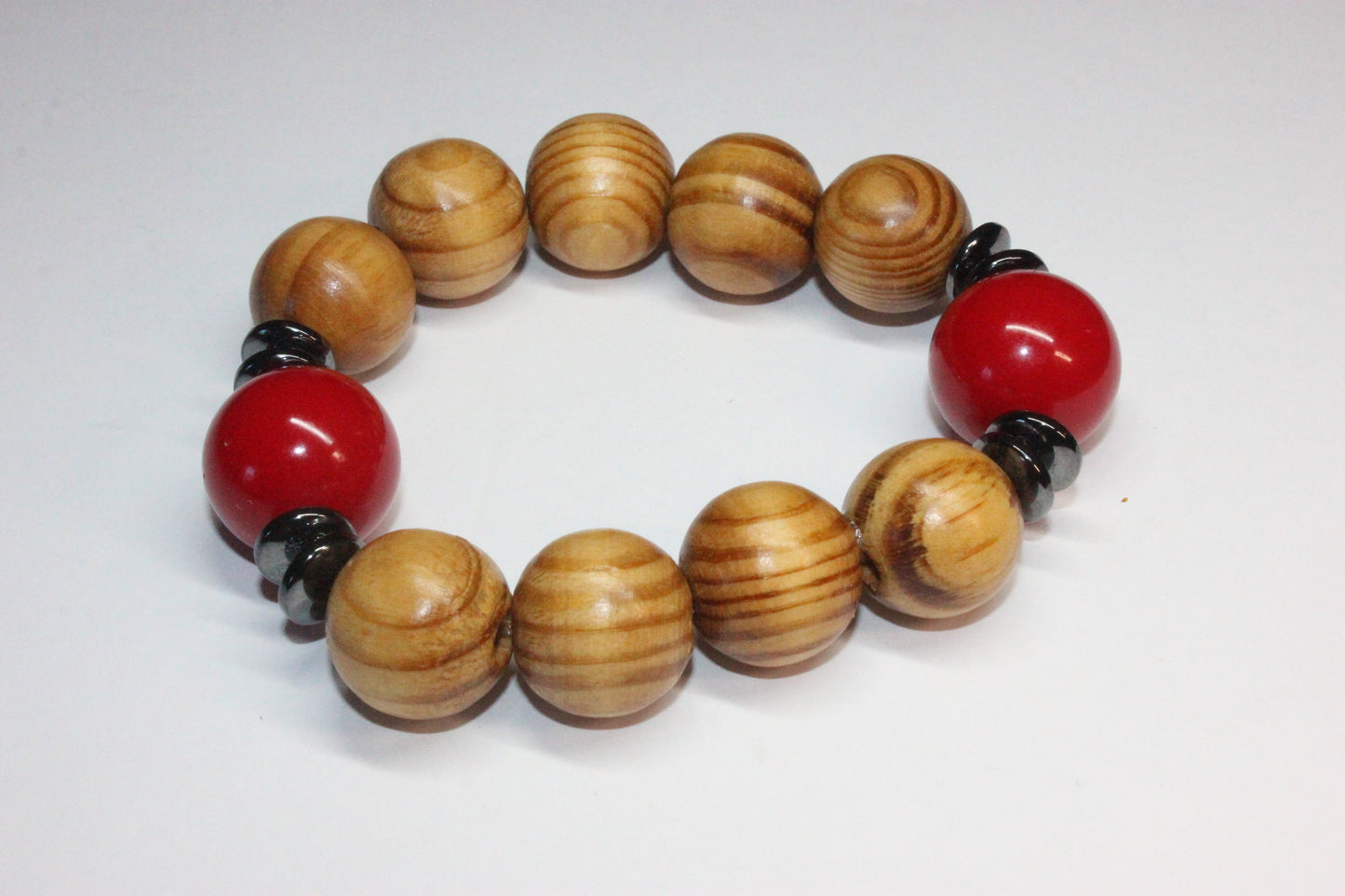 Wooden Beaded Bracelet w/ Red