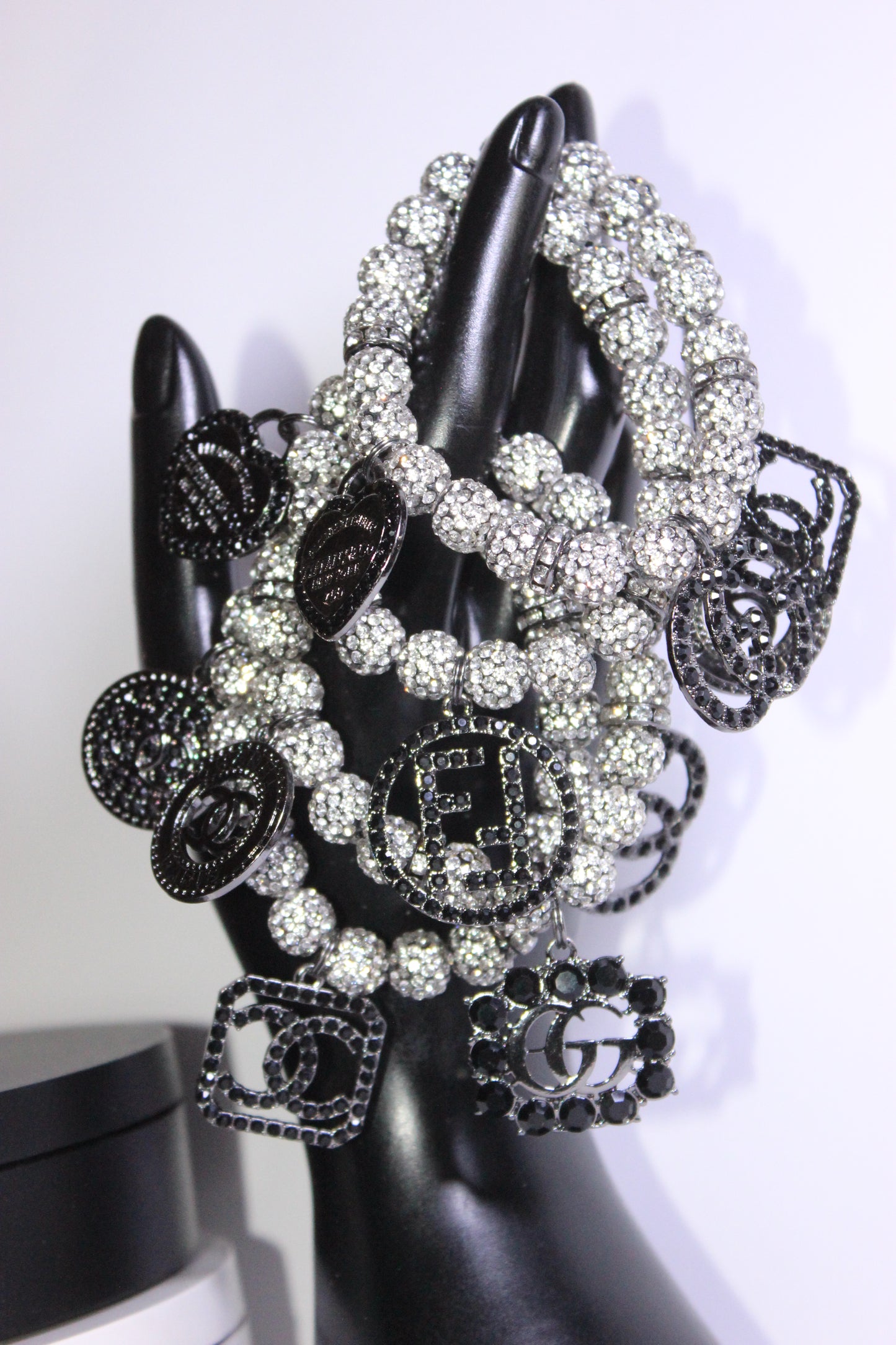 Black & Silver Rhinestone Charm Bracelet Set