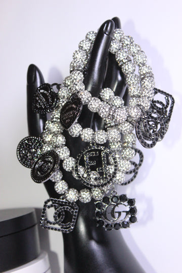 Black & Silver Rhinestone Charm Bracelet Set